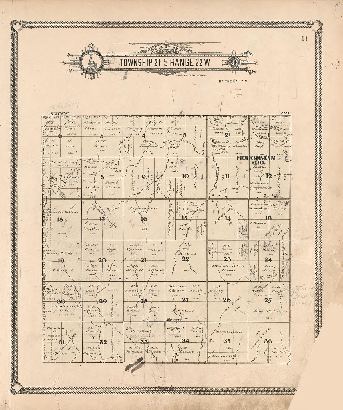 Map of Township 21 S Range 22 W from Standard Atlas of Hodgeman County, Kansas : Including a Plat Book of the Villages, Cities and Townships of the County, Map of the State, United States and World, Patrons Directory, Reference Business … 1907 by Relic Map Company