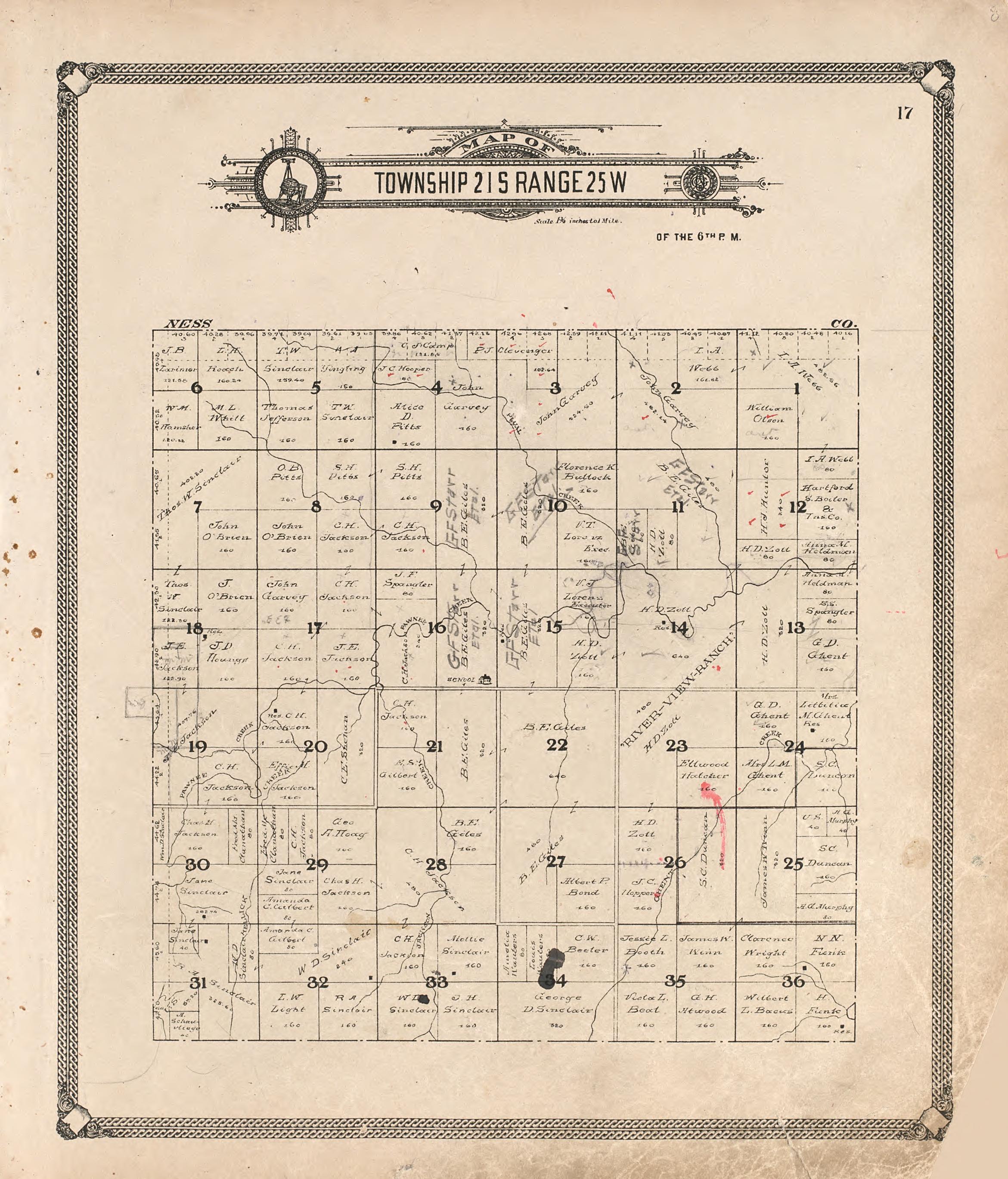 Map of Township 21 S Range 25 W from Standard Atlas of Hodgeman County, Kansas : Including a Plat Book of the Villages, Cities and Townships of the County, Map of the State, United States and World, Patrons Directory, Reference Business … 1907 by Relic Map Company