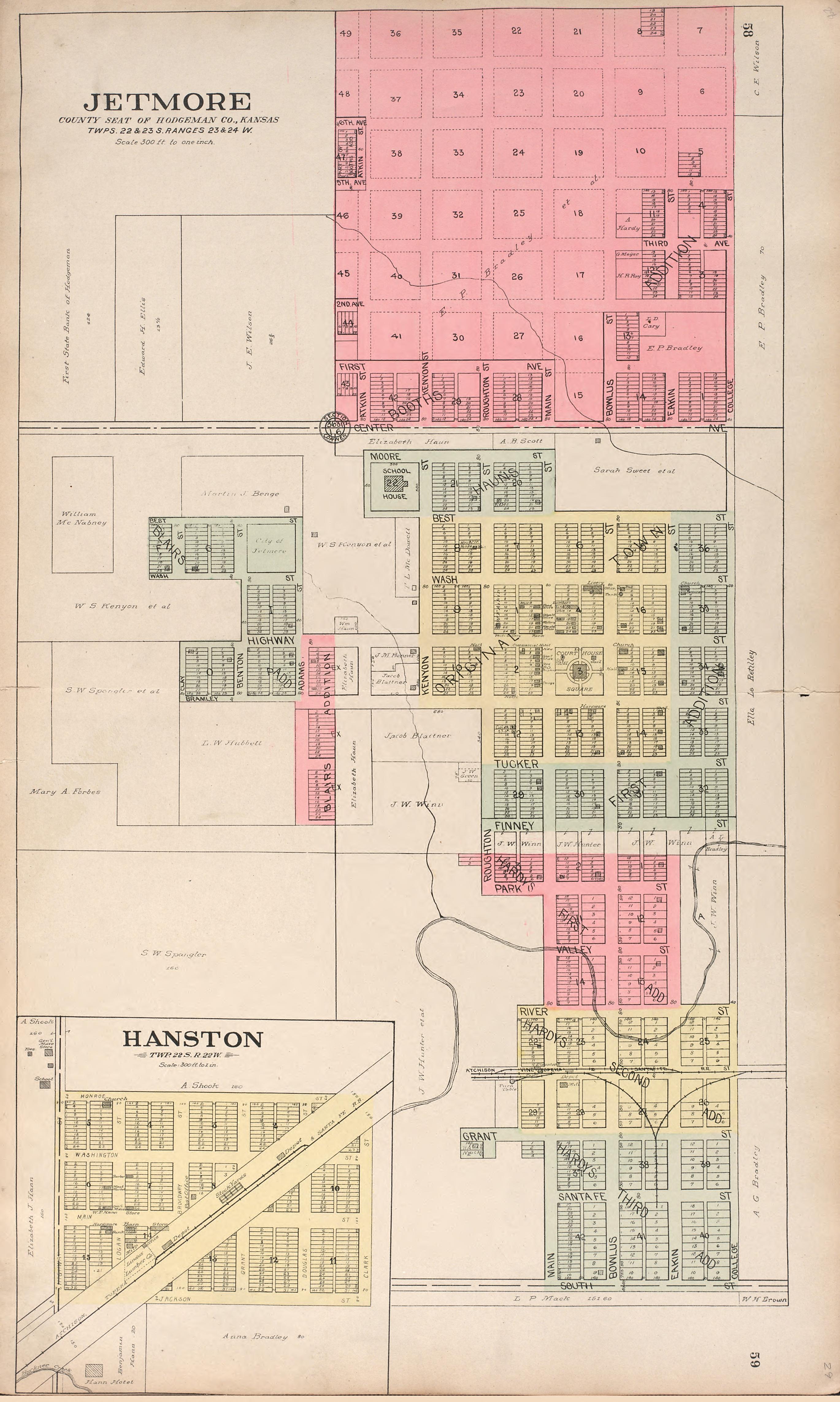 Jetmore; Hanston from Standard Atlas of Hodgeman County, Kansas : Including a Plat Book of the Villages, Cities and Townships of the County, Map of the State, United States and World, Patrons Directory, Reference Business … 1907 by Relic Map Company