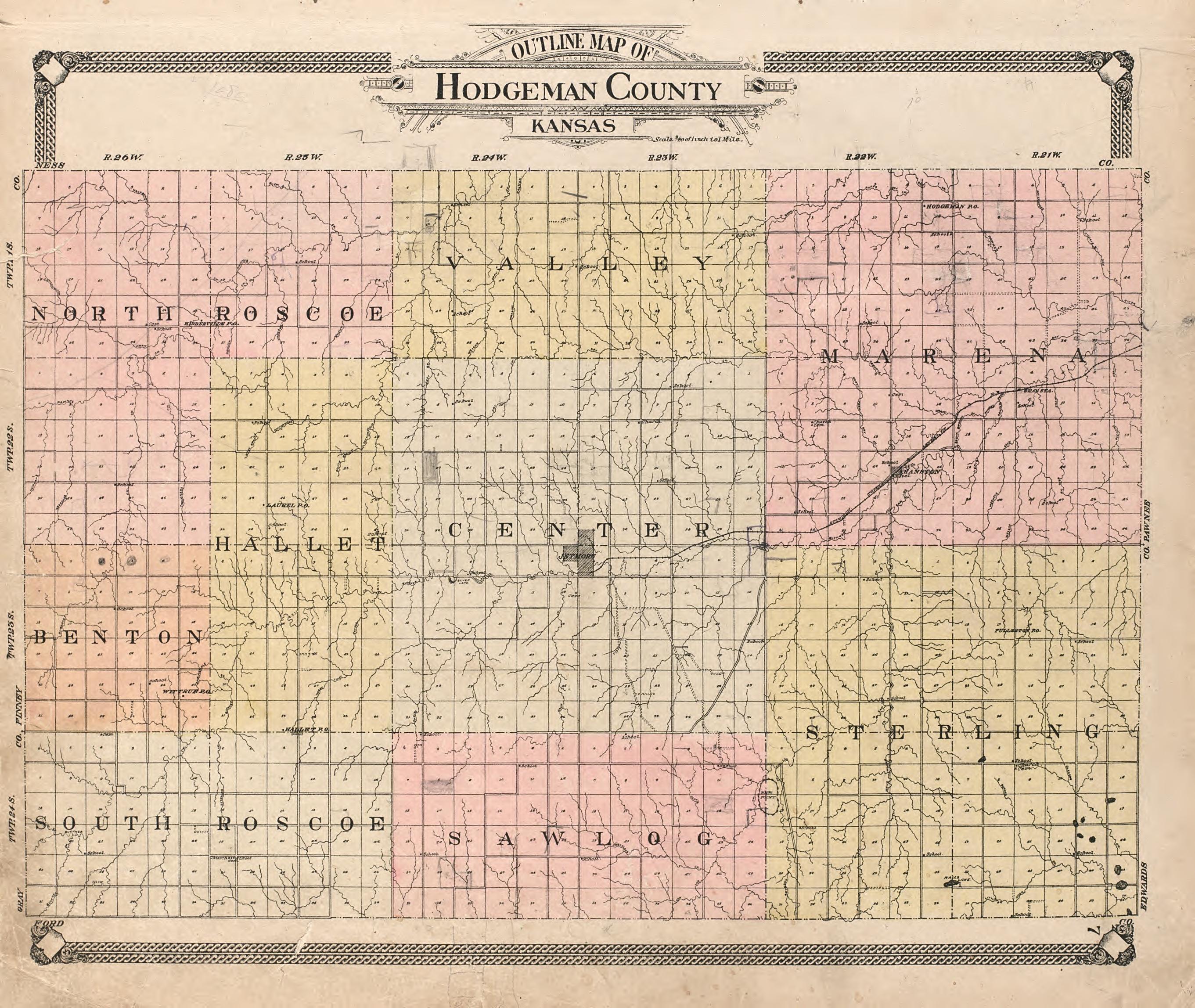 Outline Map of Hodgeman County, Kansas from Standard Atlas of Hodgeman County, Kansas : Including a Plat Book of the Villages, Cities and Townships of the County, Map of the State, United States and World, Patrons Directory, Reference Business … 1907 by Relic Map Company