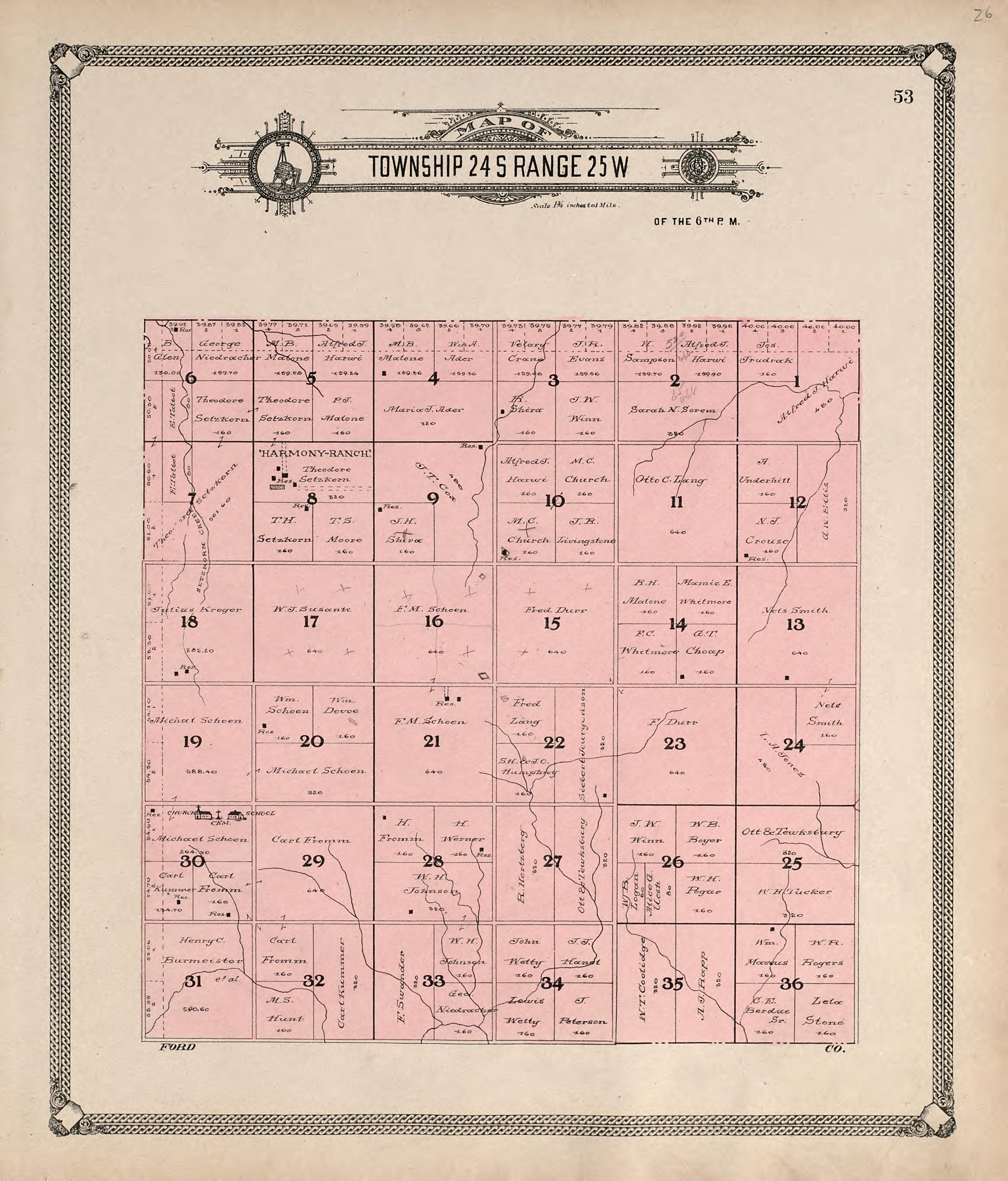 Map of Township 24 S Range 25 W from Standard Atlas of Hodgeman County, Kansas : Including a Plat Book of the Villages, Cities and Townships of the County, Map of the State, United States and World, Patrons Directory, Reference Business … 1907 by Relic Map Company