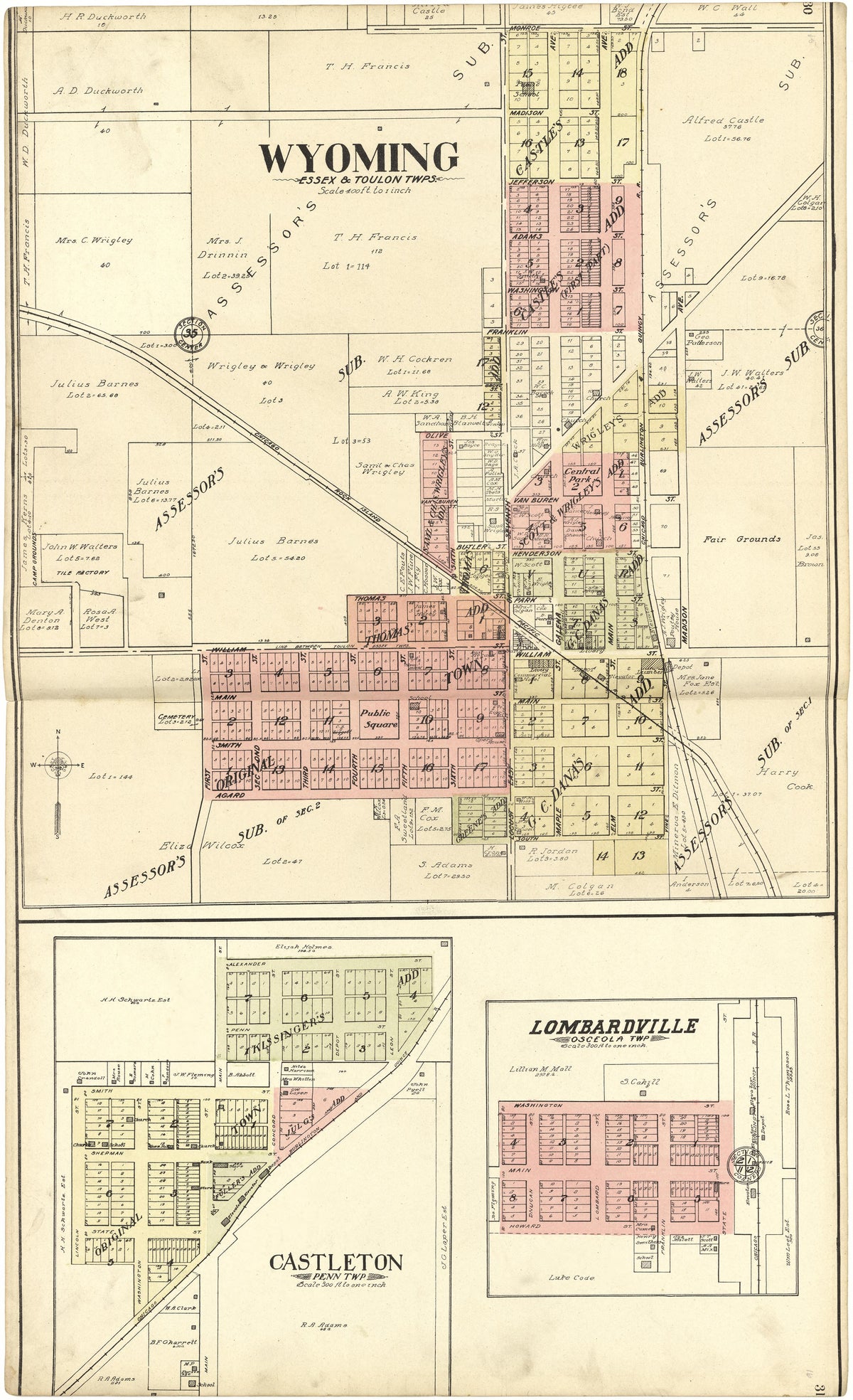 Wyoming; Castleton; Lombardville from Standard Atlas of Stark County, Illinois : Including a Plat Book of the Villages, Cities and Townships of the County, Map of the State, United States and World : Patrons Directory, Reference … 1907 by Relic Map Company