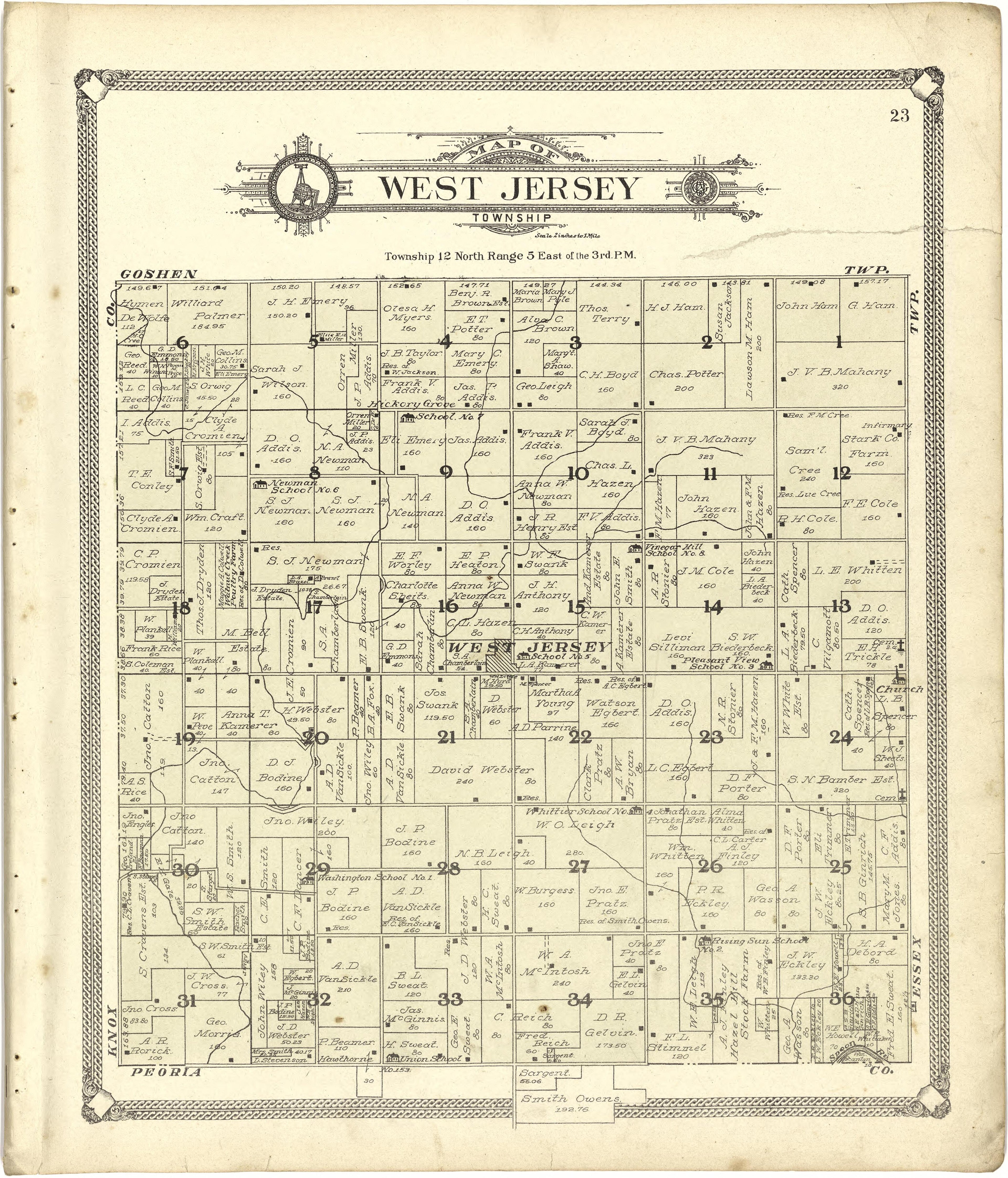 Map of West Jersey Township from Standard Atlas of Stark County, Illinois : Including a Plat Book of the Villages, Cities and Townships of the County, Map of the State, United States and World : Patrons Directory, Reference … 1907 by Relic Map Company