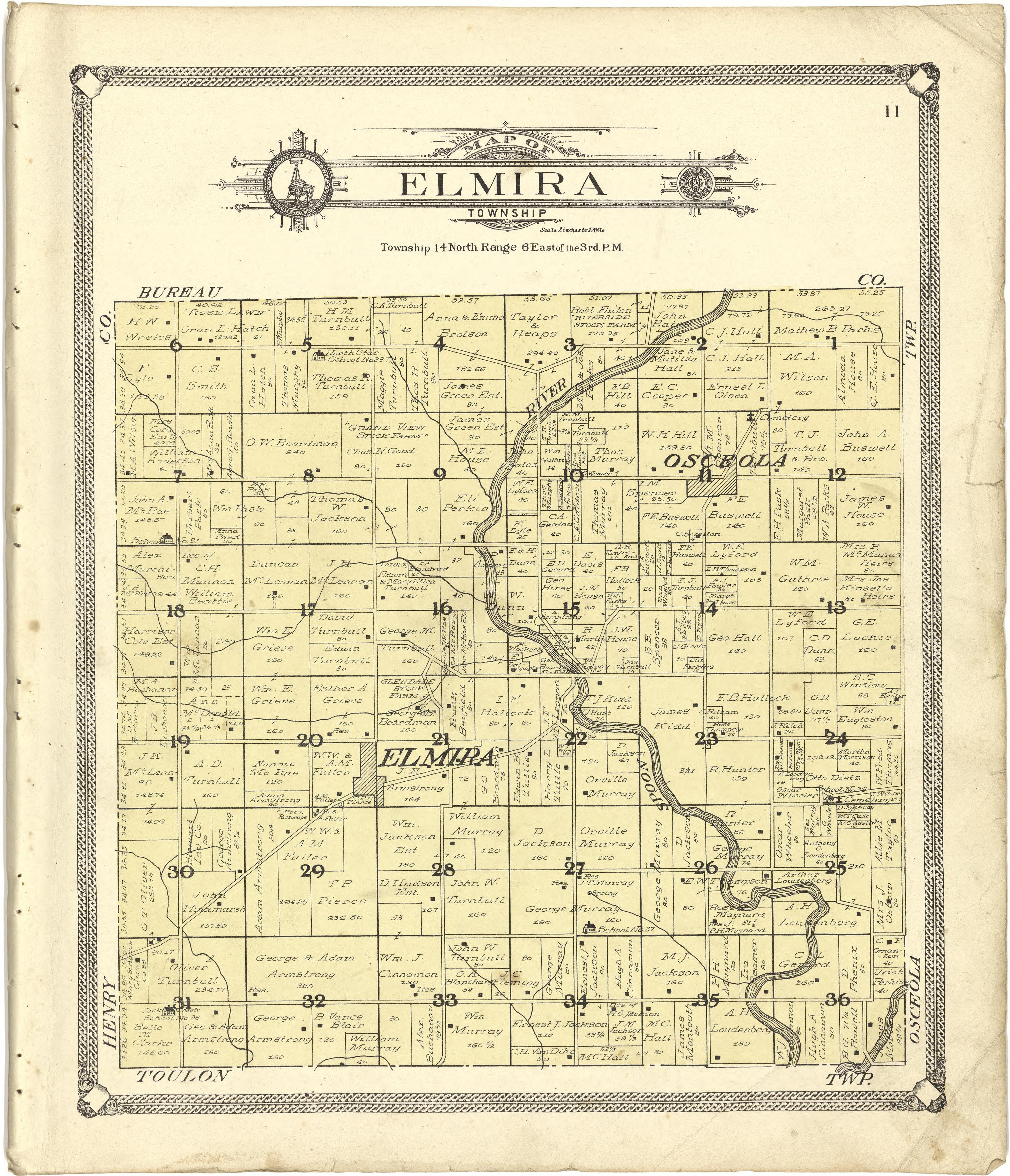 Map of Elmira Township from Standard Atlas of Stark County, Illinois : Including a Plat Book of the Villages, Cities and Townships of the County, Map of the State, United States and World : Patrons Directory, Reference … 1907 by Relic Map Company