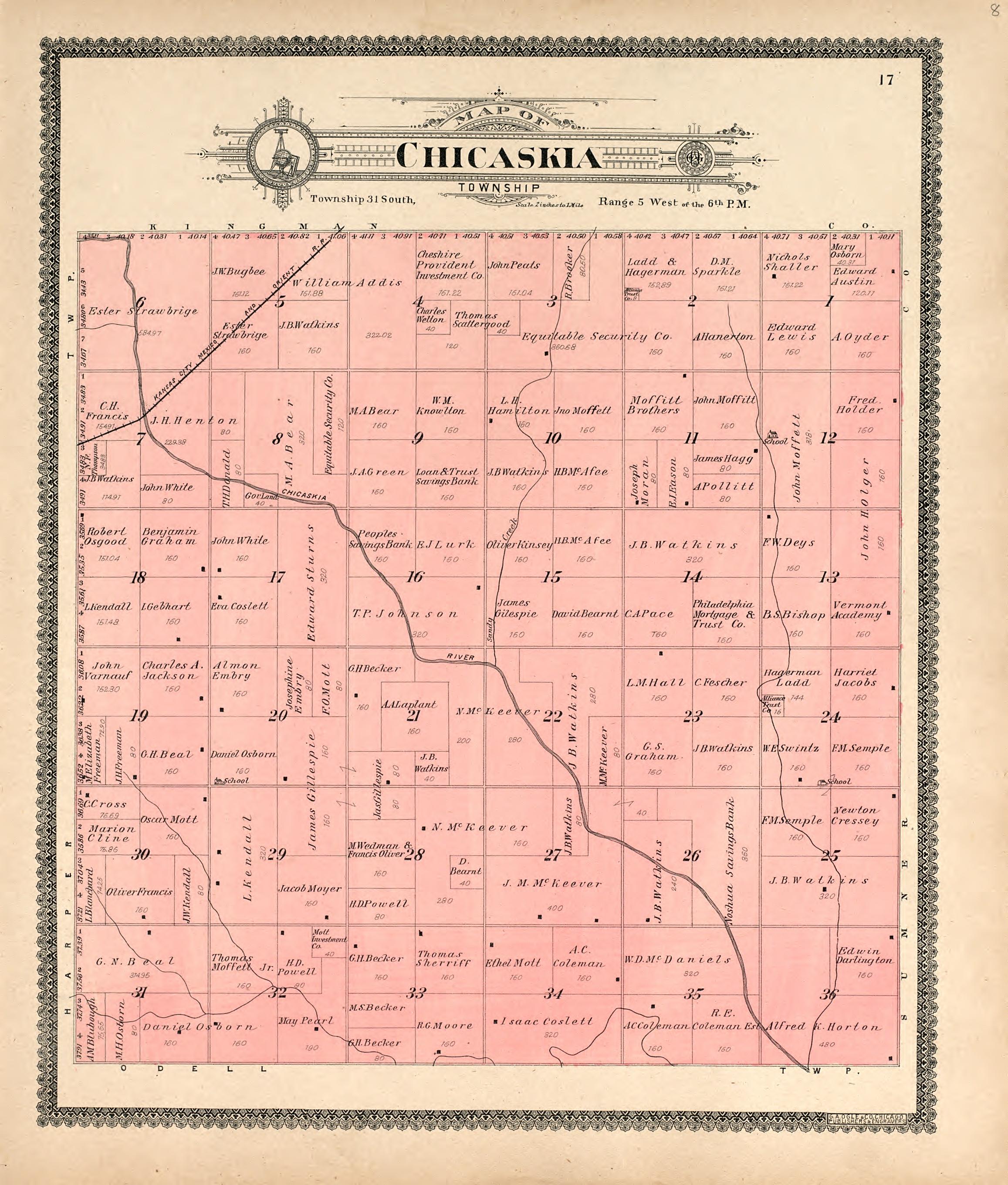Chikaskia Township from Standard Atlas of Harper County, Kansas : Including a Plat Book of the Villages, Cities and Townships of the County, Map of the State, United States and World, Patrons Directory, Reference Business … 1902 by Relic Map Company