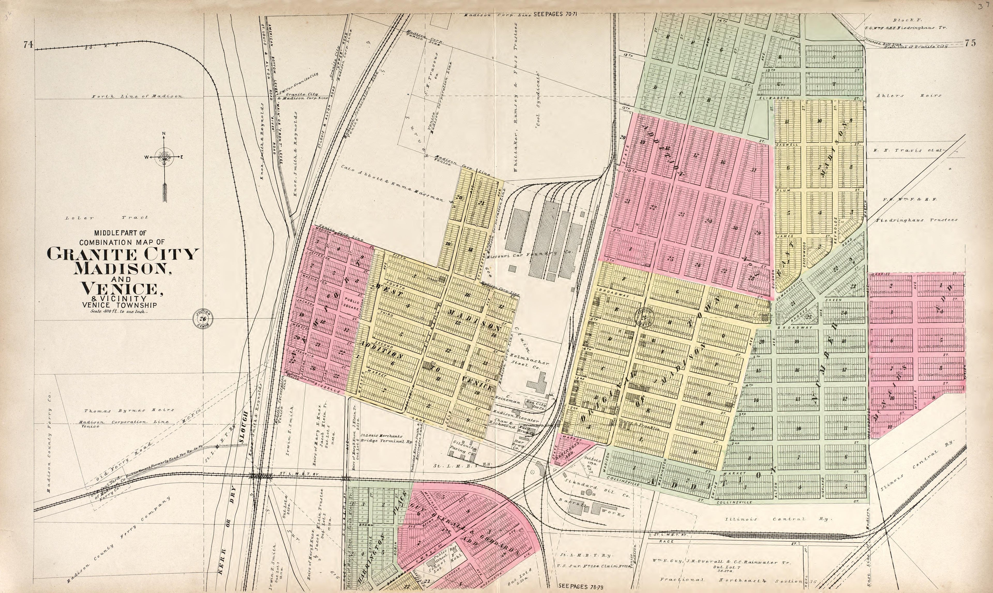 Granite City, Madison and Venice from Standard Atlas of Madison County, Illinois : Including a Plat Book of the Villages, Cities and Townships of the County, Map of the State, United States and World : Patrons Directory, Reference … 1906 by Relic Map Company