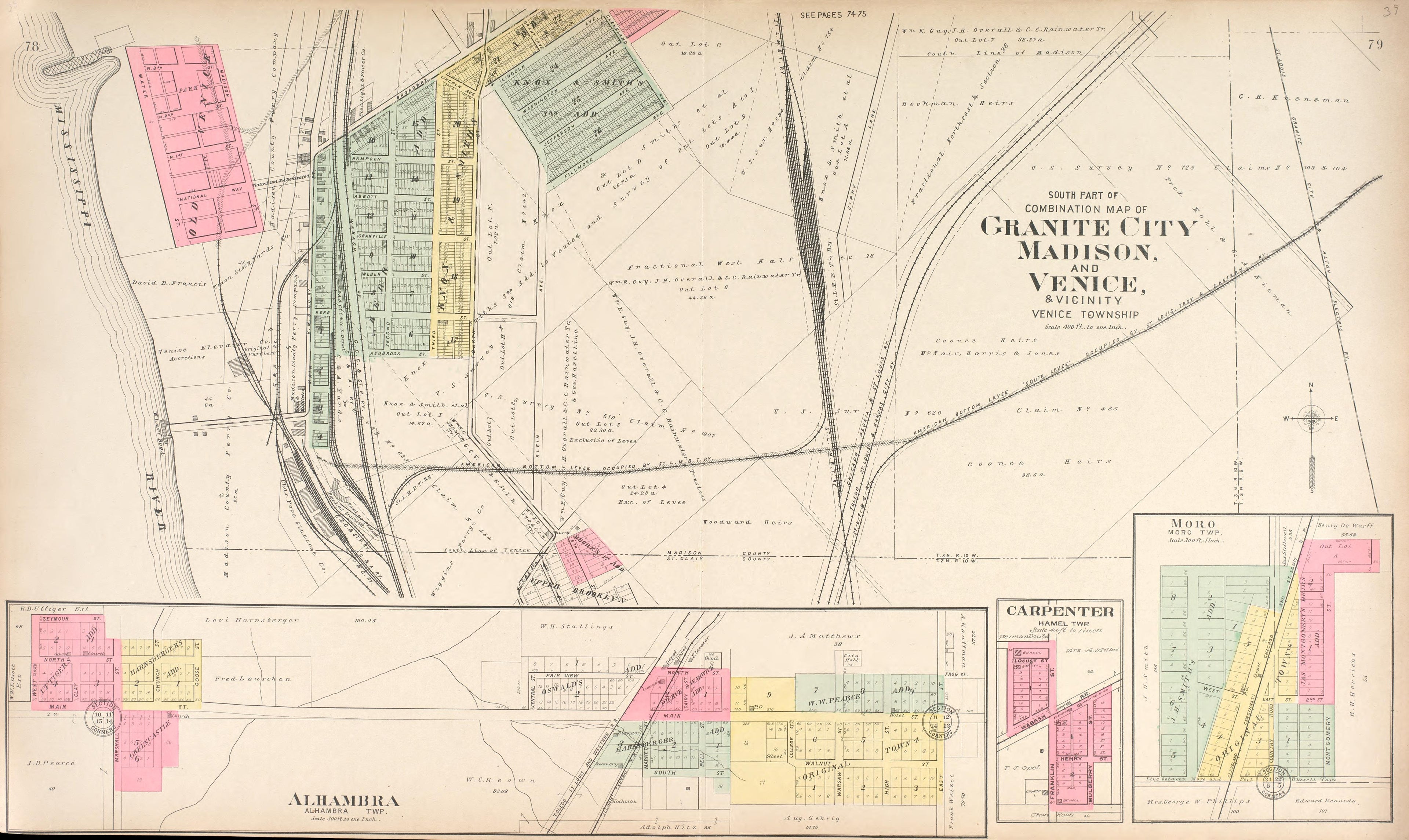 Granite City, Madison and Venice - Alhambra - Carpenter - Moro from Standard Atlas of Madison County, Illinois : Including a Plat Book of the Villages, Cities and Townships of the County, Map of the State, United States and World : Patrons Directory, ... by Relic Map Company