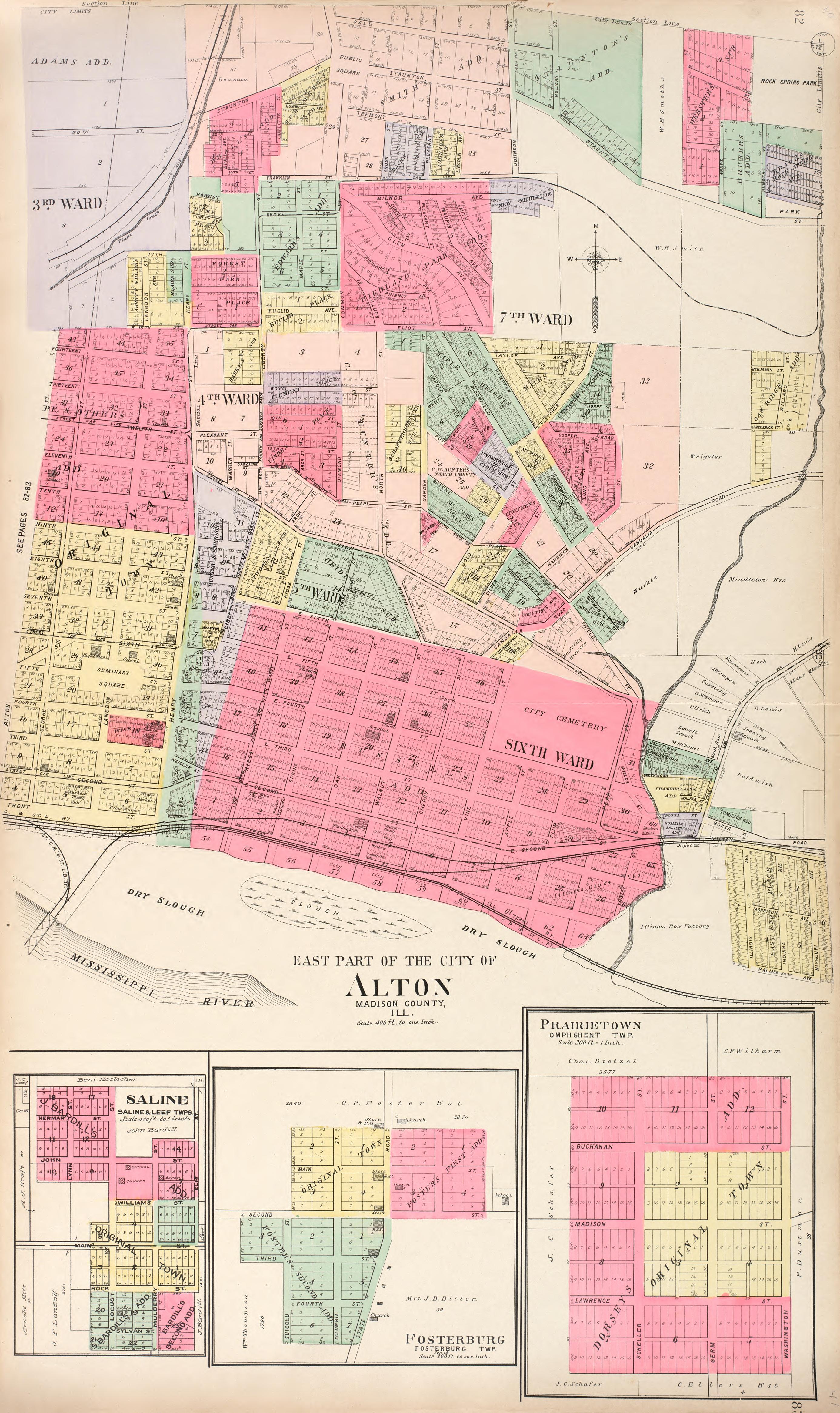 Alton - Saline - Fosterburg - Prairietown from Standard Atlas of Madison County, Illinois : Including a Plat Book of the Villages, Cities and Townships of the County, Map of the State, United States and World : Patrons Directory, Reference … 1906 by Relic Map Company