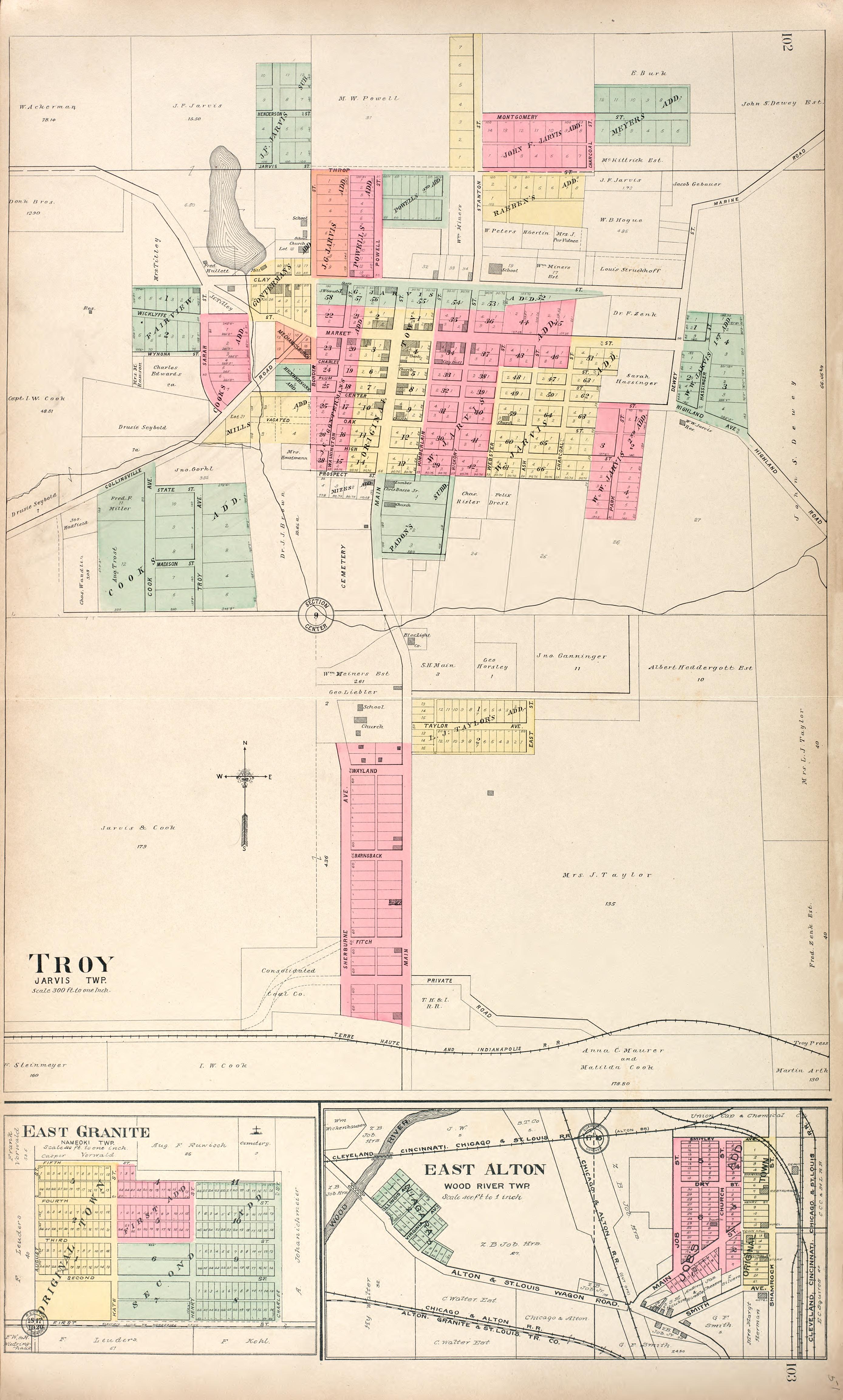 Troy - East Granite - East Alton from Standard Atlas of Madison County, Illinois : Including a Plat Book of the Villages, Cities and Townships of the County, Map of the State, United States and World : Patrons Directory, Reference … 1906 by Relic Map Company