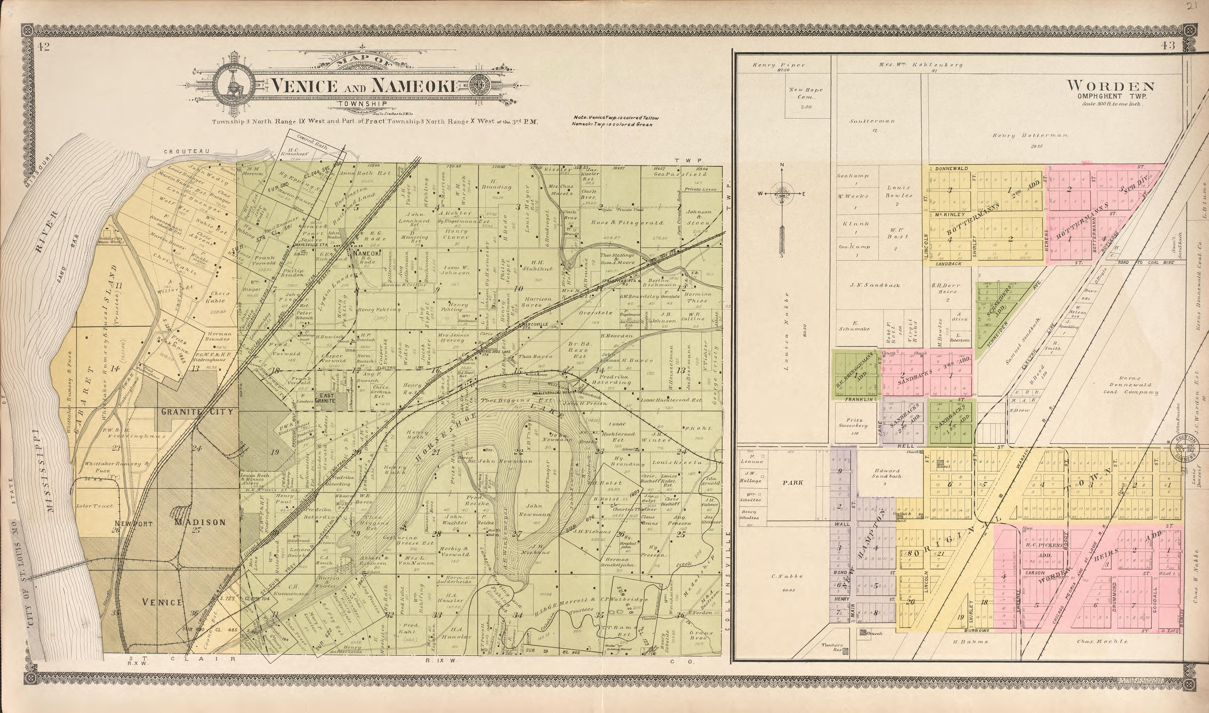 Venice and Nameoki Township - Worden from Standard Atlas of Madison County, Illinois : Including a Plat Book of the Villages, Cities and Townships of the County, Map of the State, United States and World : Patrons Directory, Reference … 1906 by Relic Map Company