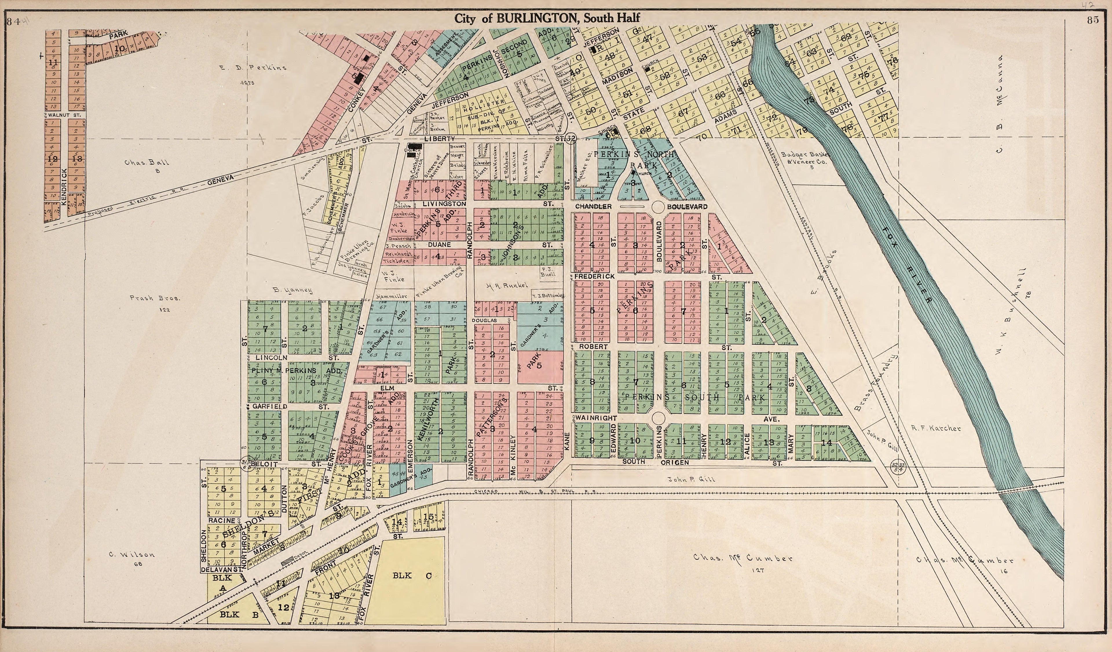 City of Burlington, South Half from Plat Book of Racine and Kenosha Counties, Wisconsin : Including Plats of the Villages, Cities and Townships of the Counties, Map of the State, United States and World, Patrons Directory, Reference Business … 1908 by Relic Map Company