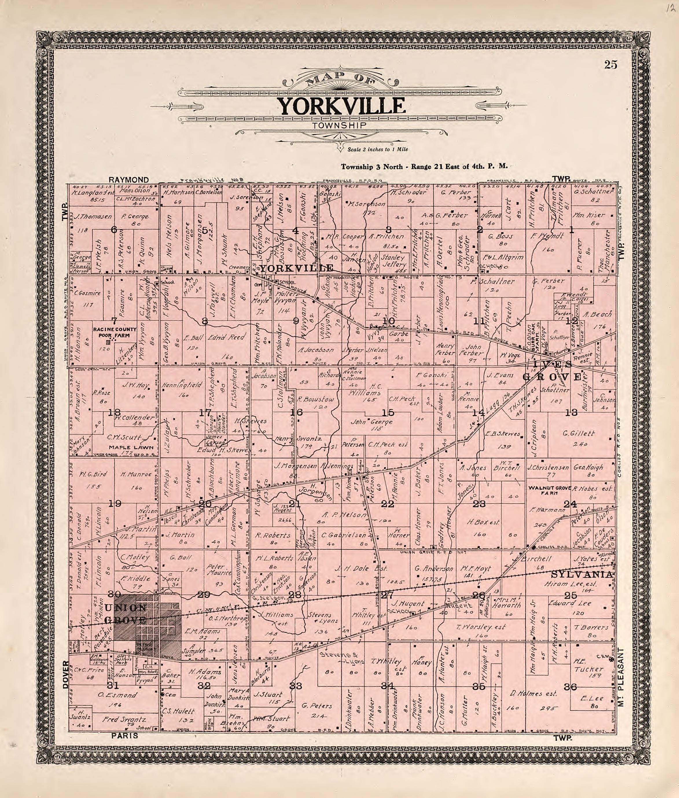 Map of Yorkville Township from Plat Book of Racine and Kenosha Counties, Wisconsin : Including Plats of the Villages, Cities and Townships of the Counties, Map of the State, United States and World, Patrons Directory, Reference Business … 1908 by Relic Map Company