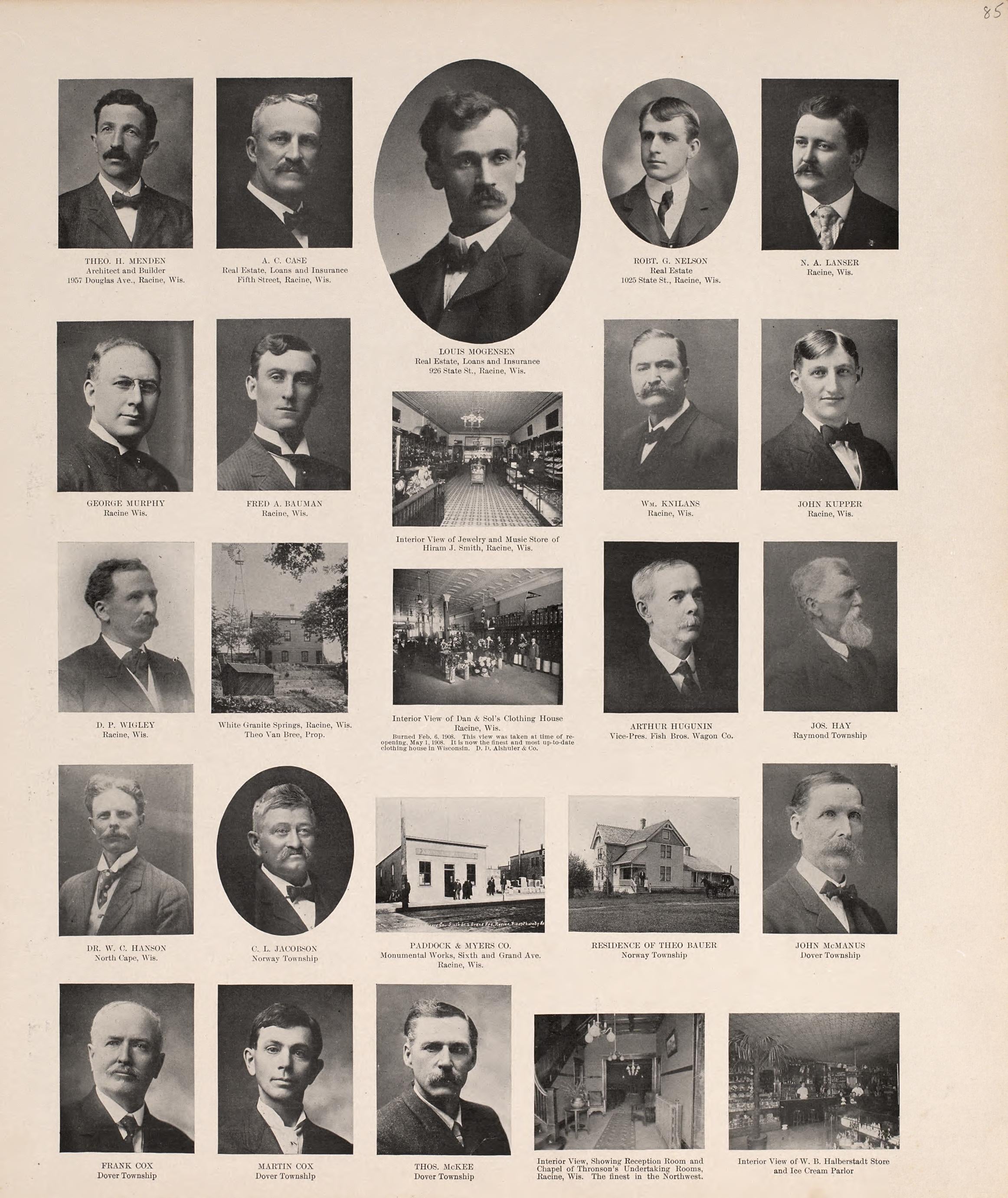 Portraits from Plat Book of Racine and Kenosha Counties, Wisconsin : Including Plats of the Villages, Cities and Townships of the Counties, Map of the State, United States and World, Patrons Directory, Reference Business … 1908 by Relic Map Company