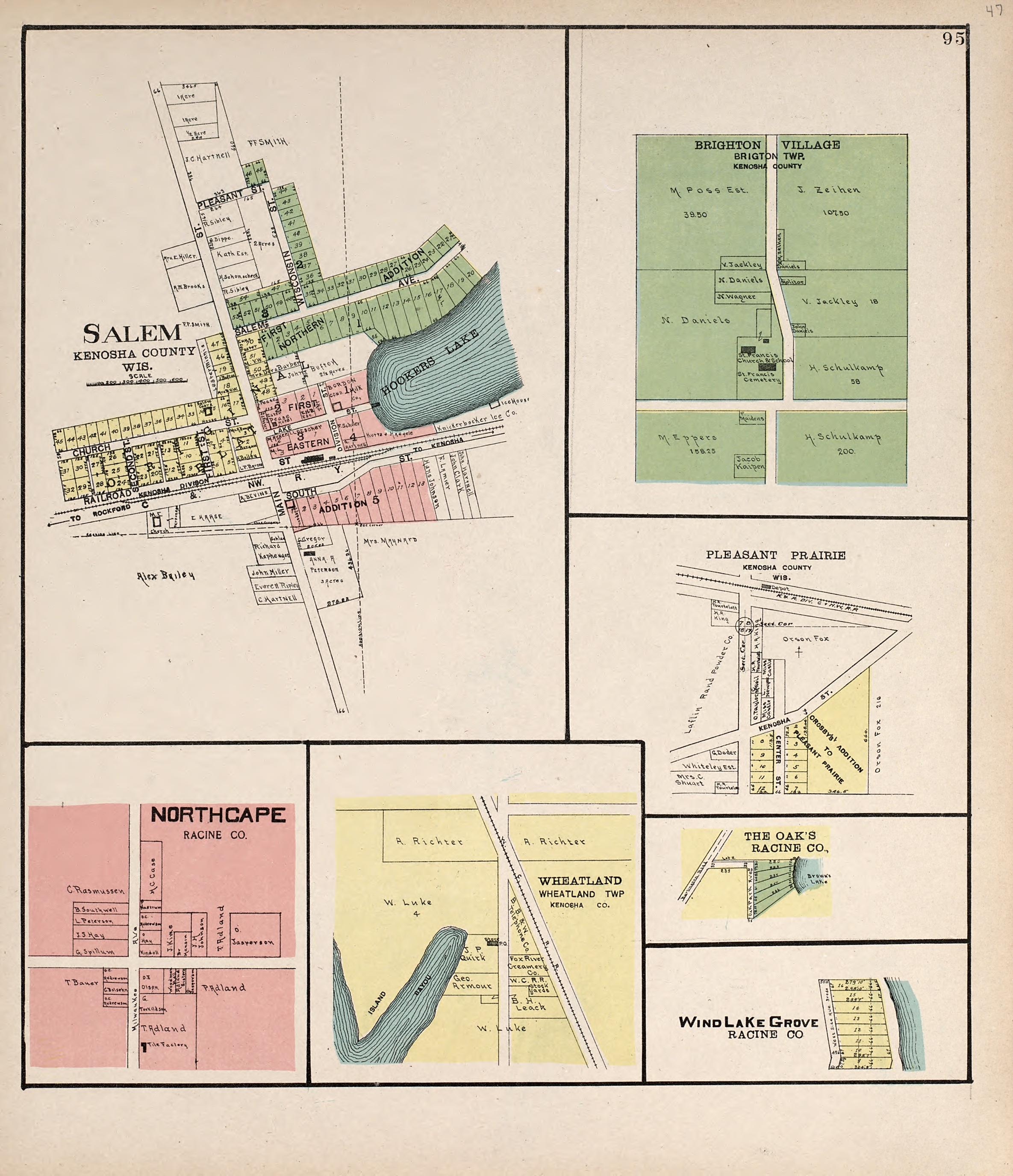 Salem; Brighton Village; Pleasant Prairie; Northcape; Wheatland from Plat Book of Racine and Kenosha Counties, Wisconsin : Including Plats of the Villages, Cities and Townships of the Counties, Map of the State, United States and World, Patrons Direct... by Relic Map Company