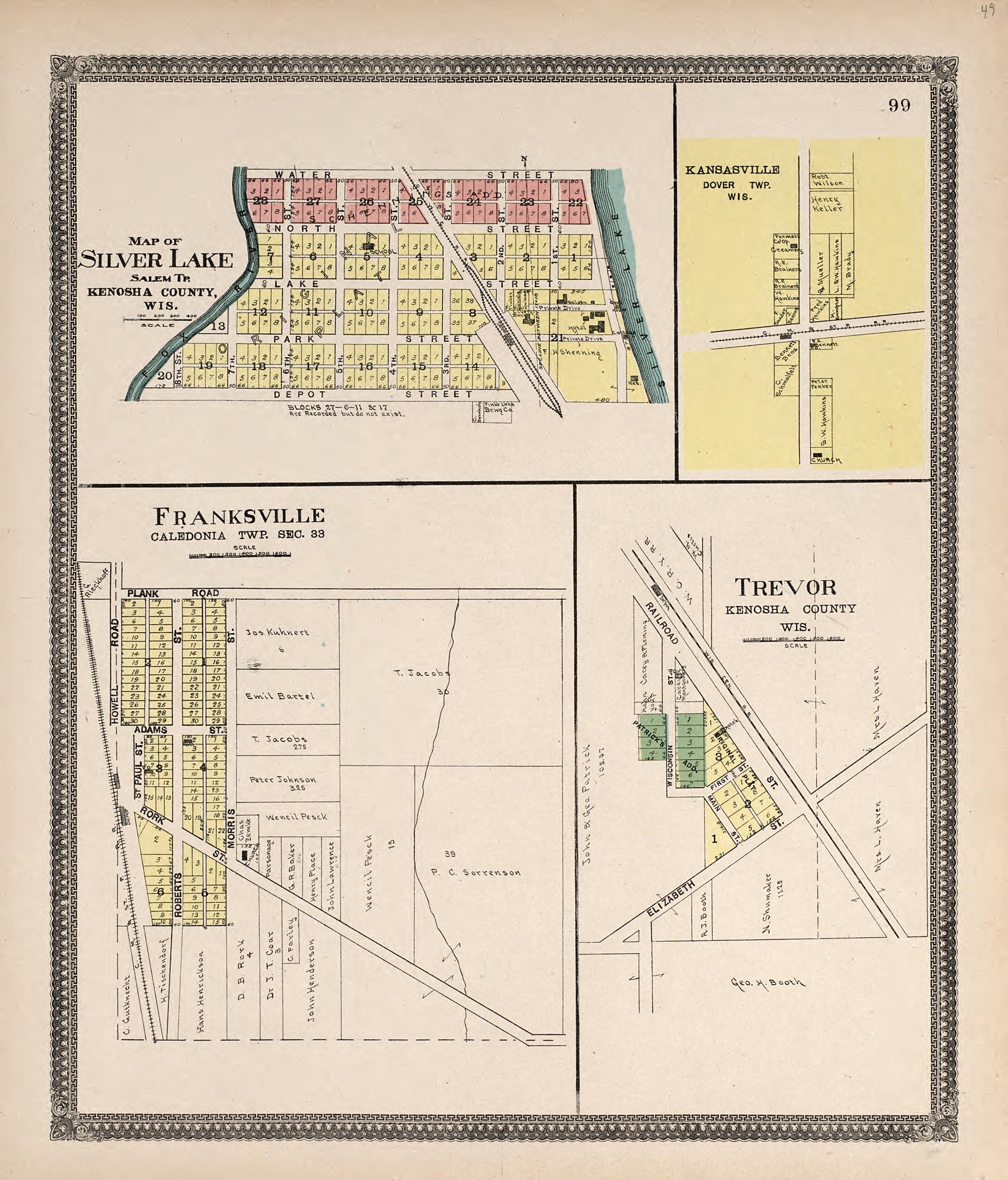 Map of Silver Lake; Kansasville; Franksville; Trevor from Plat Book of Racine and Kenosha Counties, Wisconsin : Including Plats of the Villages, Cities and Townships of the Counties, Map of the State, United States and World, Patrons Directory, Refere... by Relic Map Company