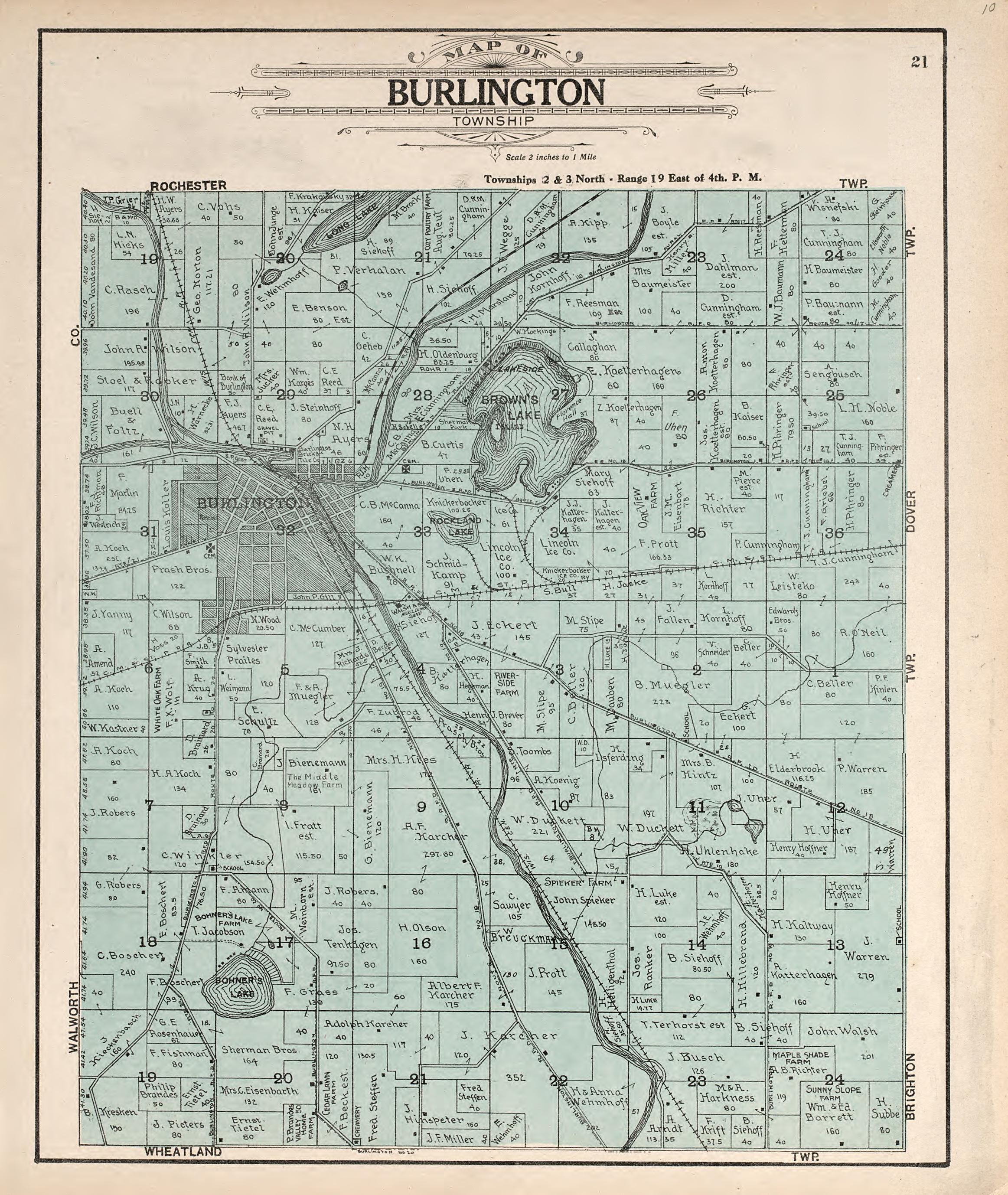 Map of Burlington Township from Plat Book of Racine and Kenosha Counties, Wisconsin : Including Plats of the Villages, Cities and Townships of the Counties, Map of the State, United States and World, Patrons Directory, Reference Business … 1908 by Relic Map Company