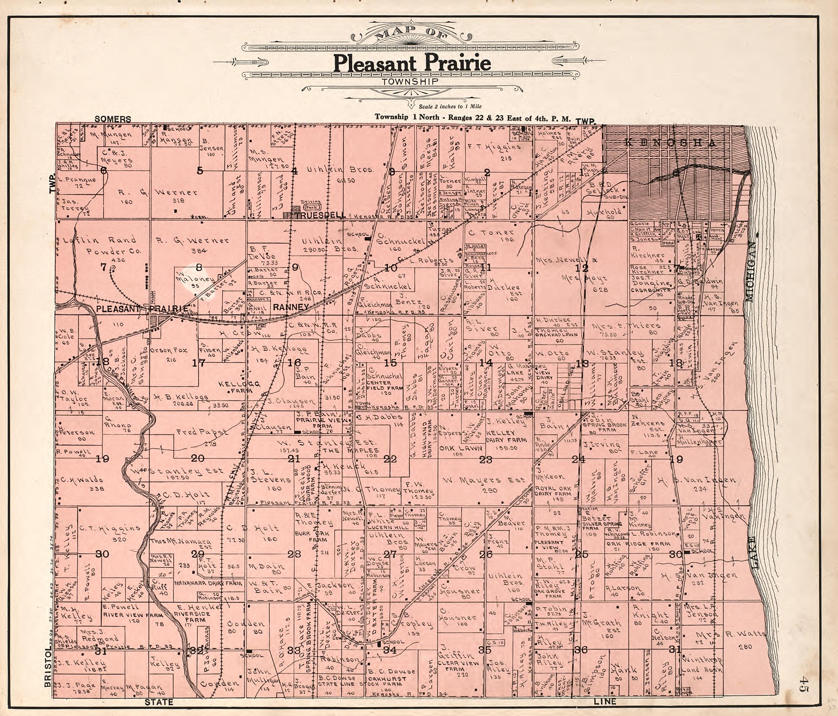 Map of Pleasant Prairie Township from Plat Book of Racine and Kenosha Counties, Wisconsin : Including Plats of the Villages, Cities and Townships of the Counties, Map of the State, United States and World, Patrons Directory, Reference Business … 1908 by Relic Map Company