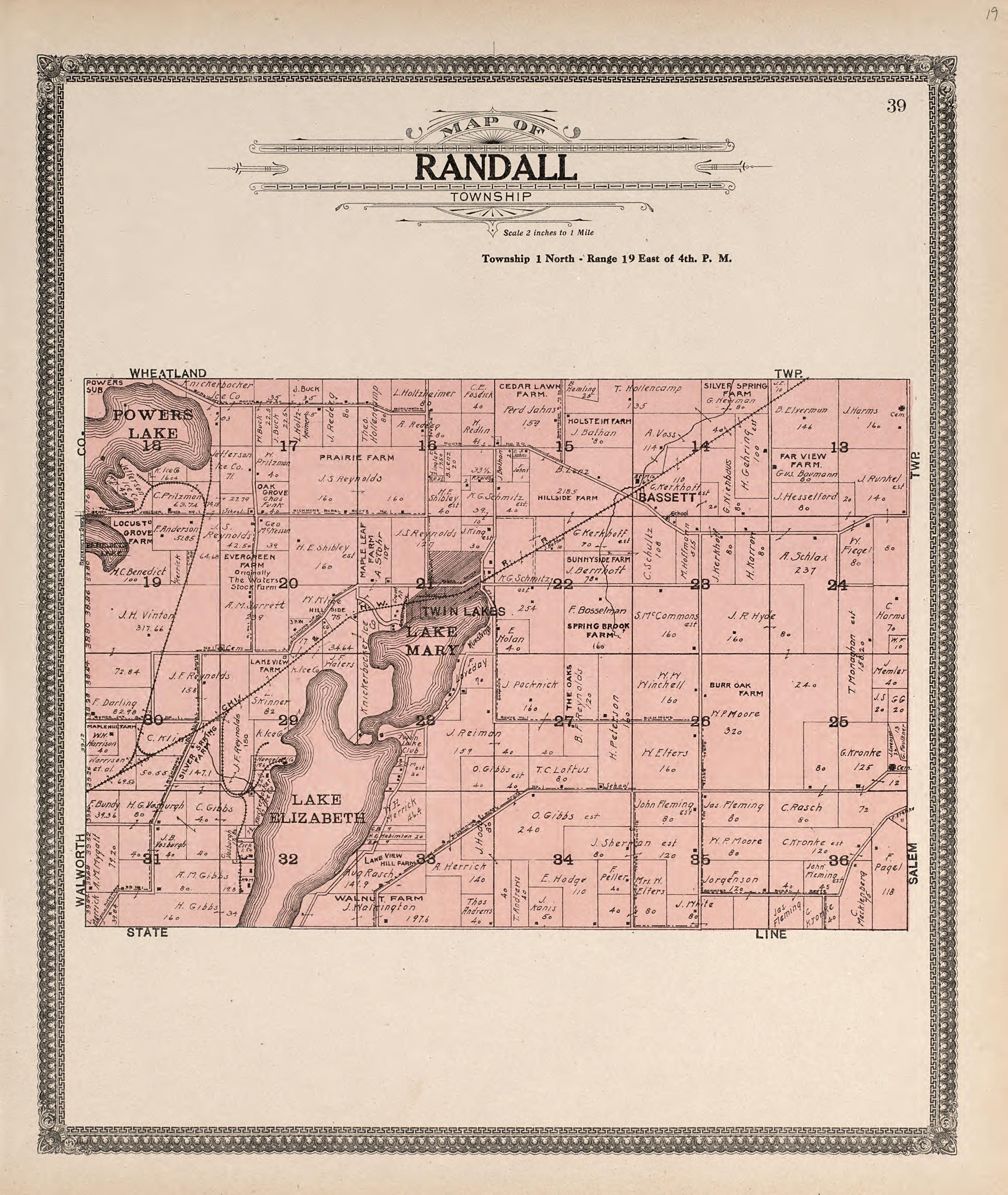 Map of Randall Township from Plat Book of Racine and Kenosha Counties, Wisconsin : Including Plats of the Villages, Cities and Townships of the Counties, Map of the State, United States and World, Patrons Directory, Reference Business … 1908 by Relic Map Company