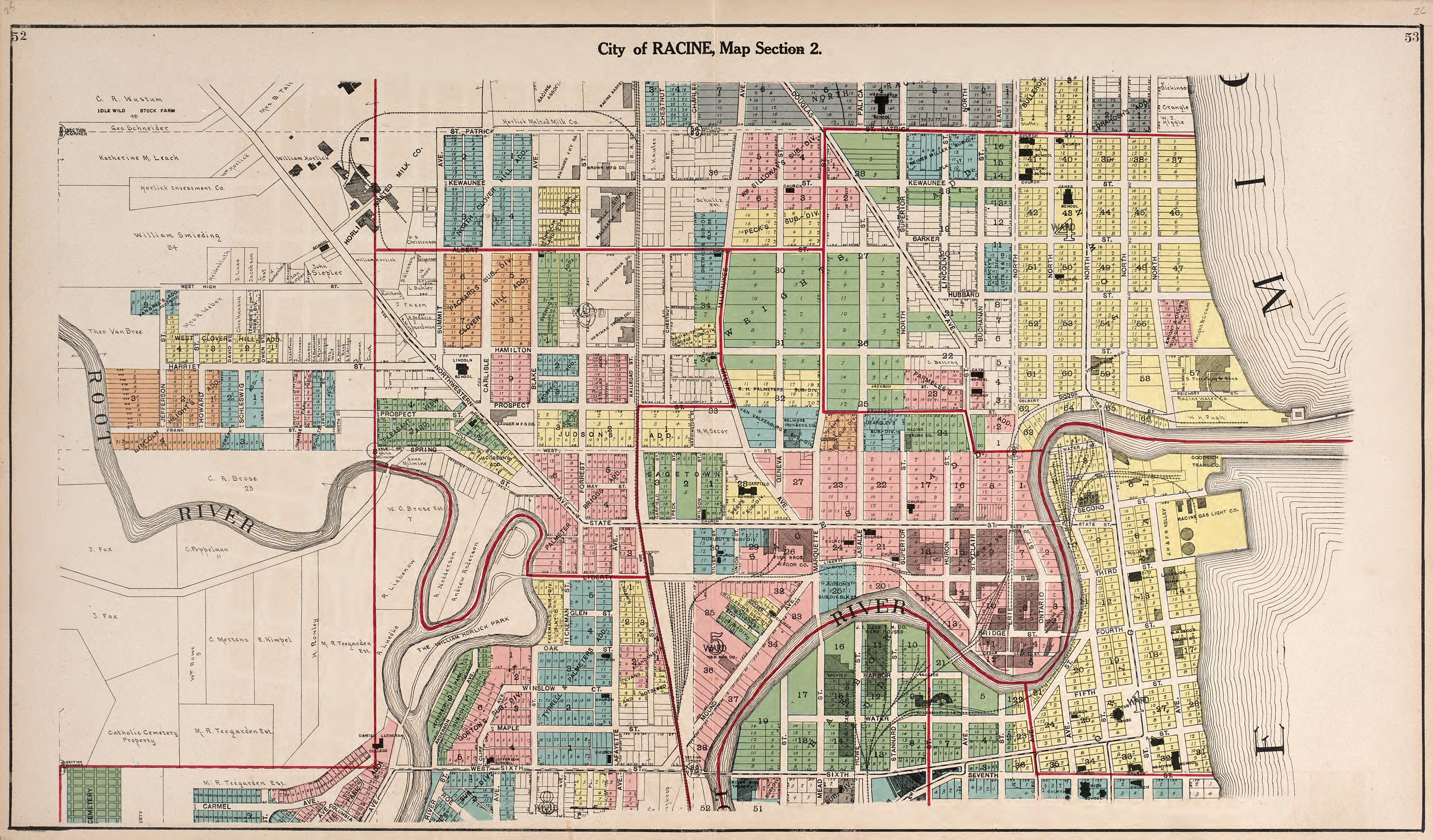 Map of the City of Racine Map Section 2 from Plat Book of Racine and Kenosha Counties, Wisconsin : Including Plats of the Villages, Cities and Townships of the Counties, Map of the State, United States and World, Patrons Directory, Reference Business ... by Relic Map Company