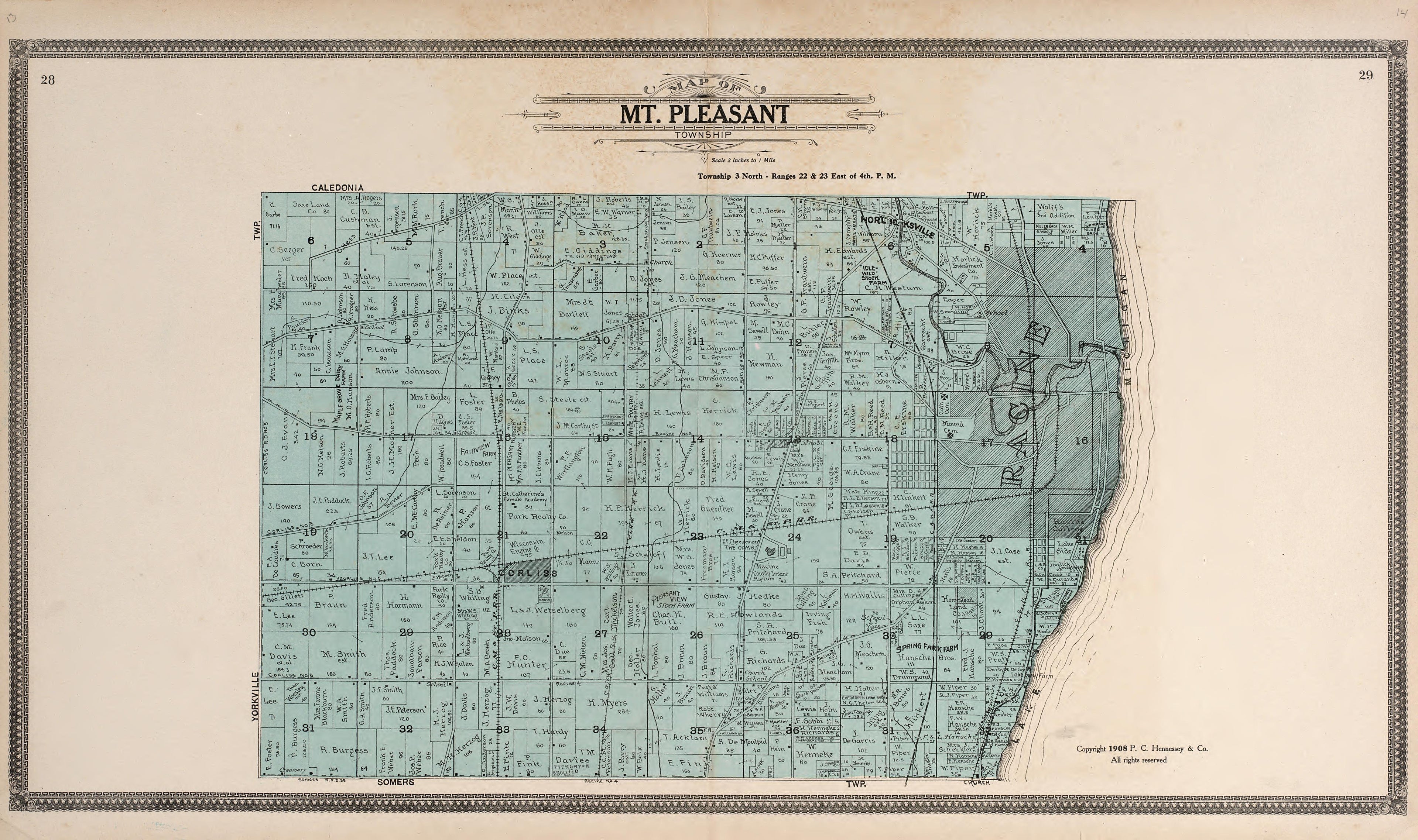 Map of Mt. Pleasant from Plat Book of Racine and Kenosha Counties, Wisconsin : Including Plats of the Villages, Cities and Townships of the Counties, Map of the State, United States and World, Patrons Directory, Reference Business … 1908 by Relic Map Company