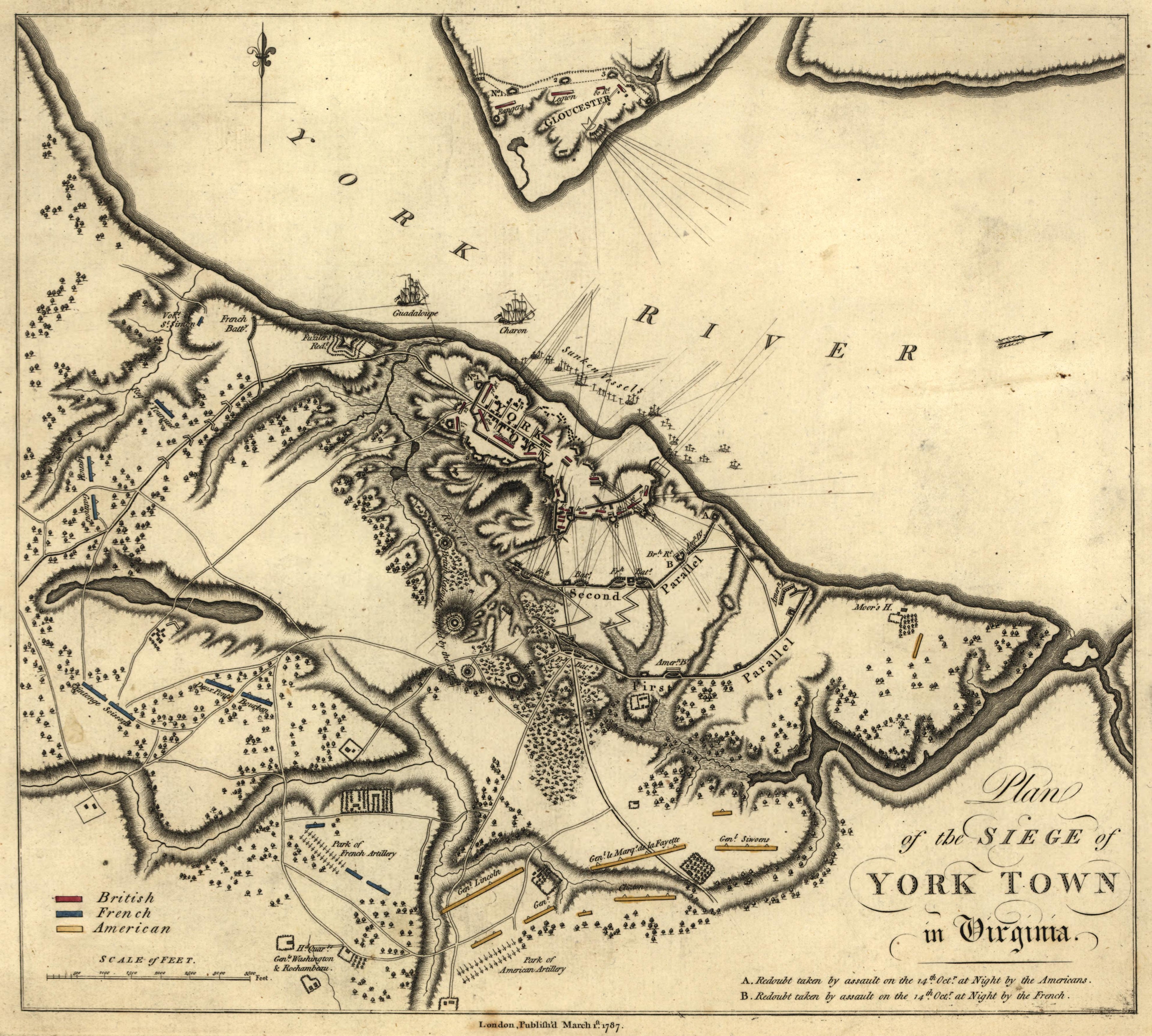 Plan of Siege of Yorktown, Virginia from Atlas of the Battles of the American Revolution, Together With Maps Shewing the Routes of the British and American Armies, Plans of Cities, Surveys of Harbors, &c 1845 by Relic Map Company