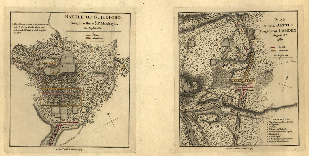 Battle of Guilford, 15 March 1781; Battle Fought Near Camden, 6 August 1780 from Atlas of the Battles of the American Revolution, Together With Maps Shewing the Routes of the British and American Armies, Plans of Cities, Surveys of Harbors, &c 1845 by Relic Map Company