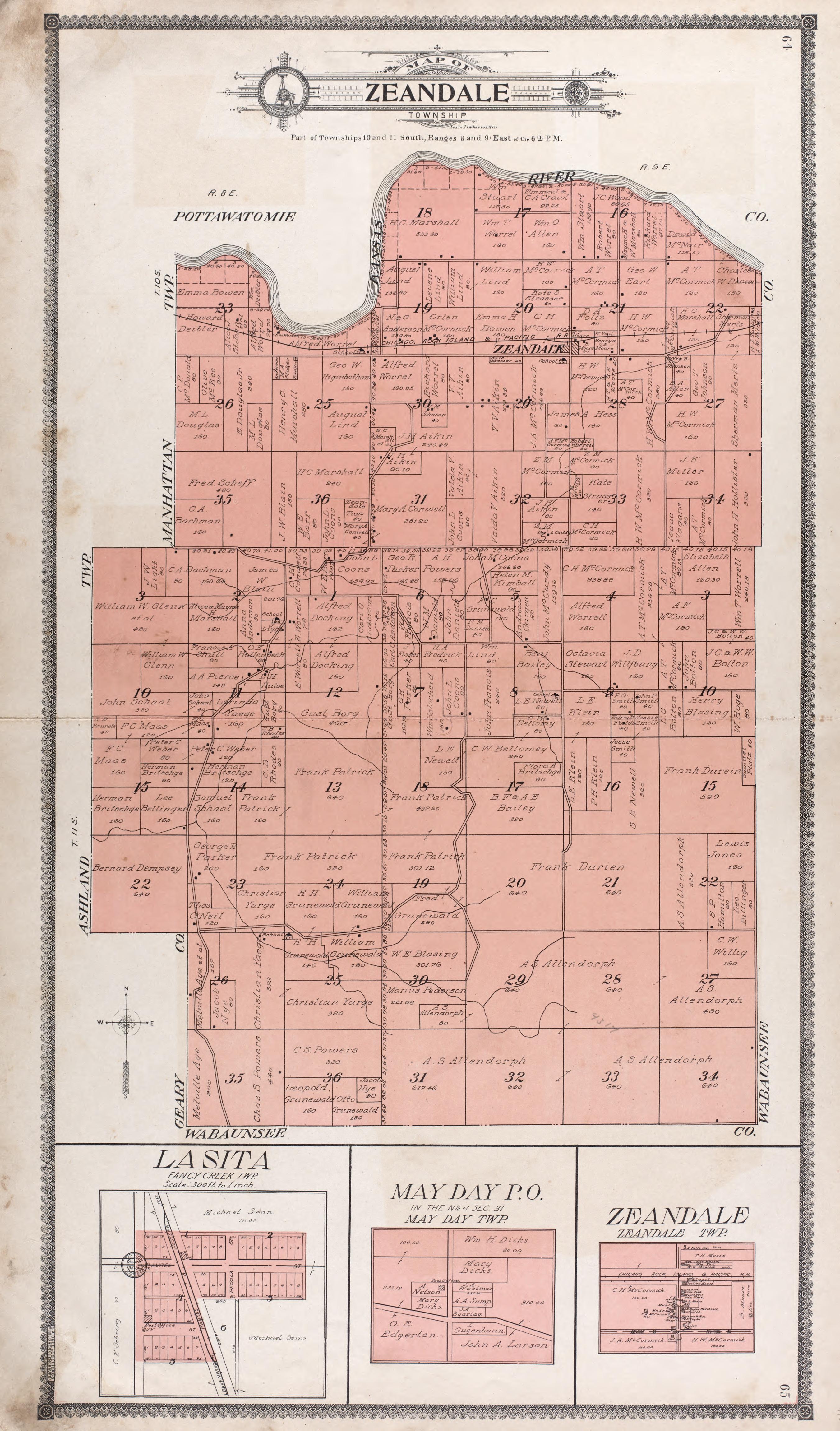 Map of Zeandale Township -- La Sita -- Mayday P.O. --Zeandale from Standard Atlas of Riley County, Kansas : Including a Plat Book of the Villages, Cities and Townships of the County, Map of the State, United States and World, Patrons Directory, Refere... by Relic Map Company