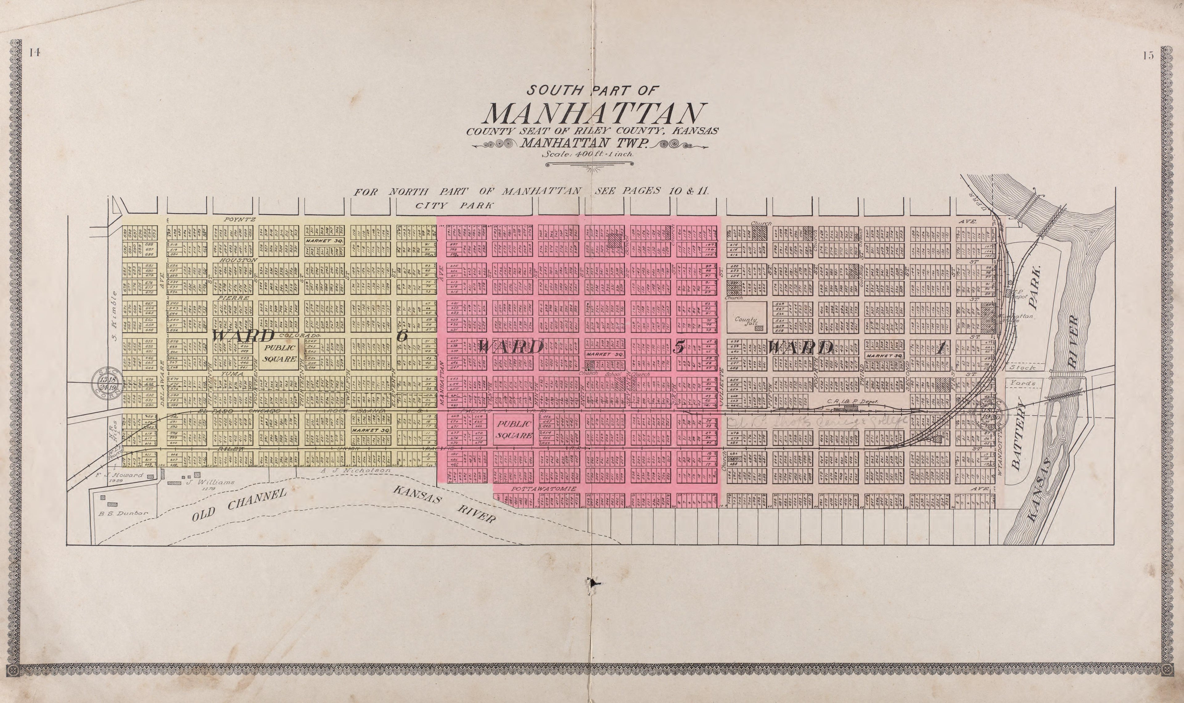 South Part of Manhattan from Standard Atlas of Riley County, Kansas : Including a Plat Book of the Villages, Cities and Townships of the County, Map of the State, United States and World, Patrons Directory, Reference Business … 1909 by Relic Map Company