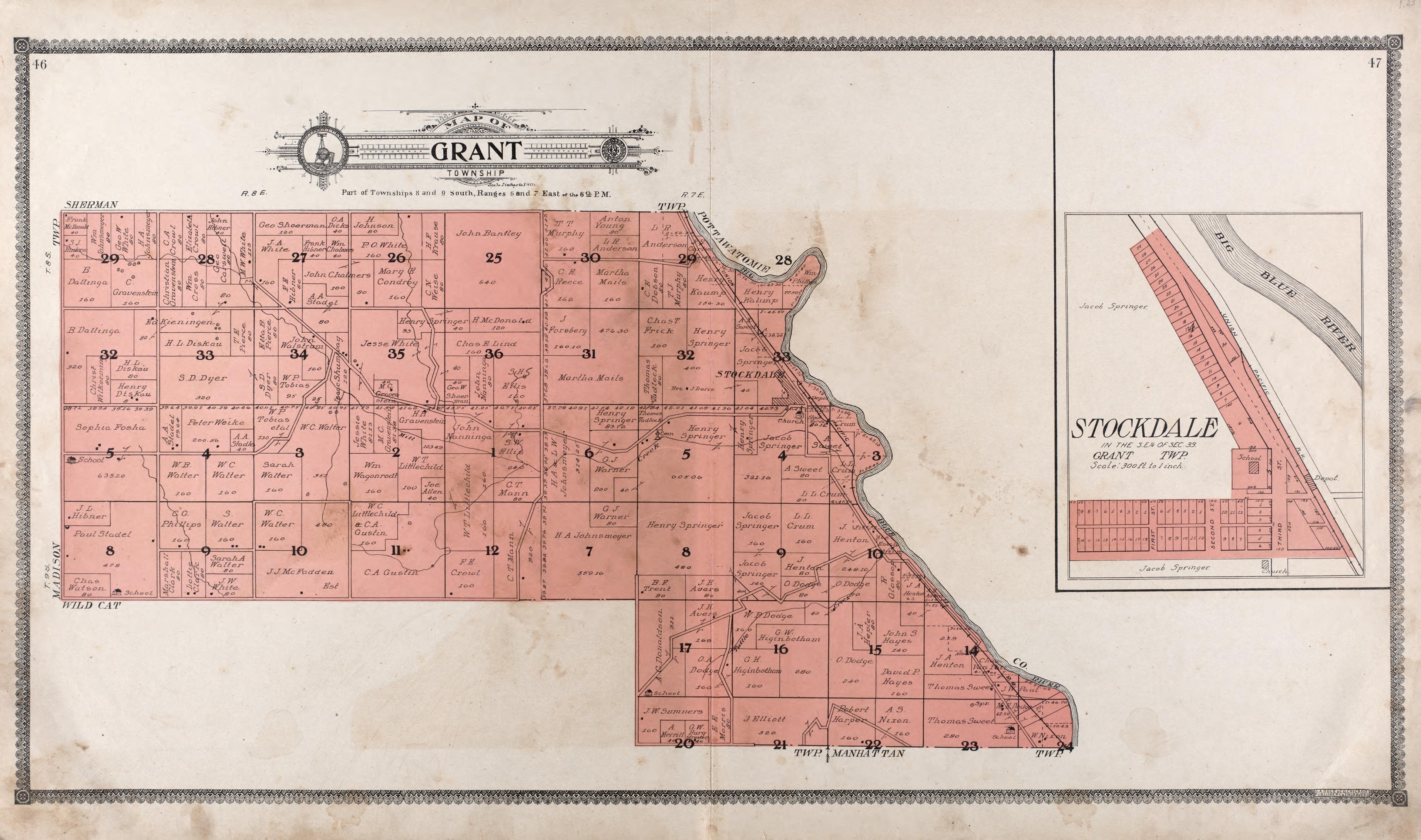 Map of Grant Township -- Stockdale from Standard Atlas of Riley County, Kansas : Including a Plat Book of the Villages, Cities and Townships of the County, Map of the State, United States and World, Patrons Directory, Reference Business … 1909 by Relic Map Company