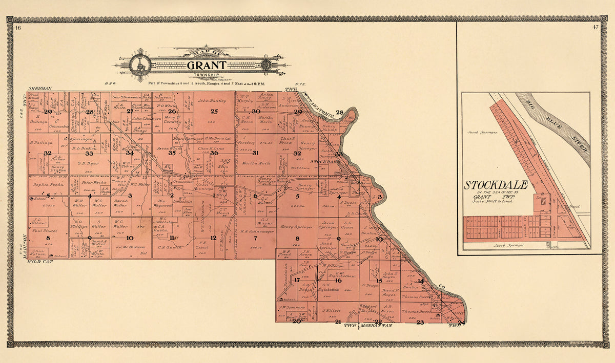 Map of Grant Township -- Stockdale from Standard Atlas of Riley County, Kansas : Including a Plat Book of the Villages, Cities and Townships of the County, Map of the State, United States and World, Patrons Directory, Reference Business … 1909