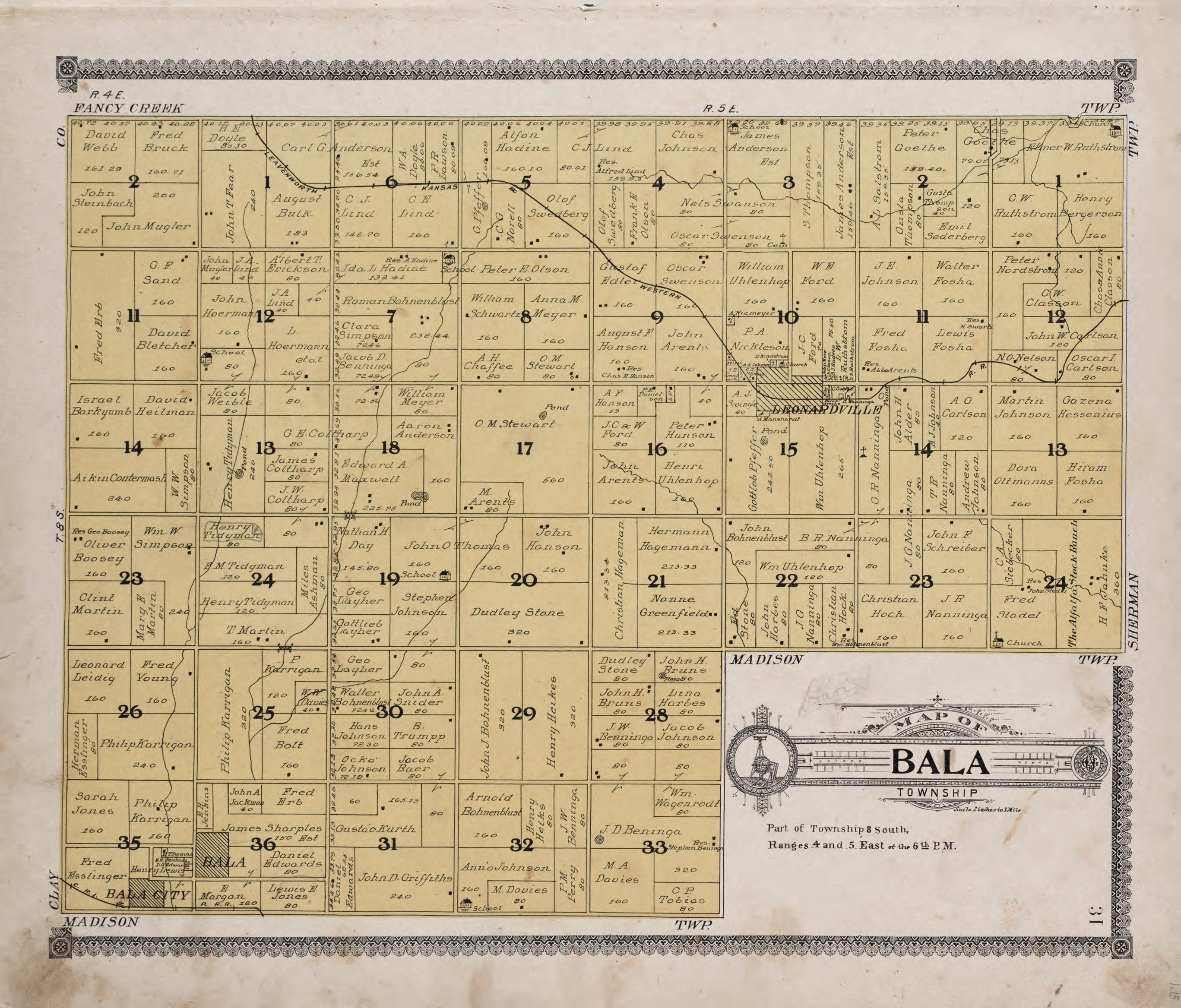 Map of Bala Township from Standard Atlas of Riley County, Kansas : Including a Plat Book of the Villages, Cities and Townships of the County, Map of the State, United States and World, Patrons Directory, Reference Business … 1909 by Relic Map Company