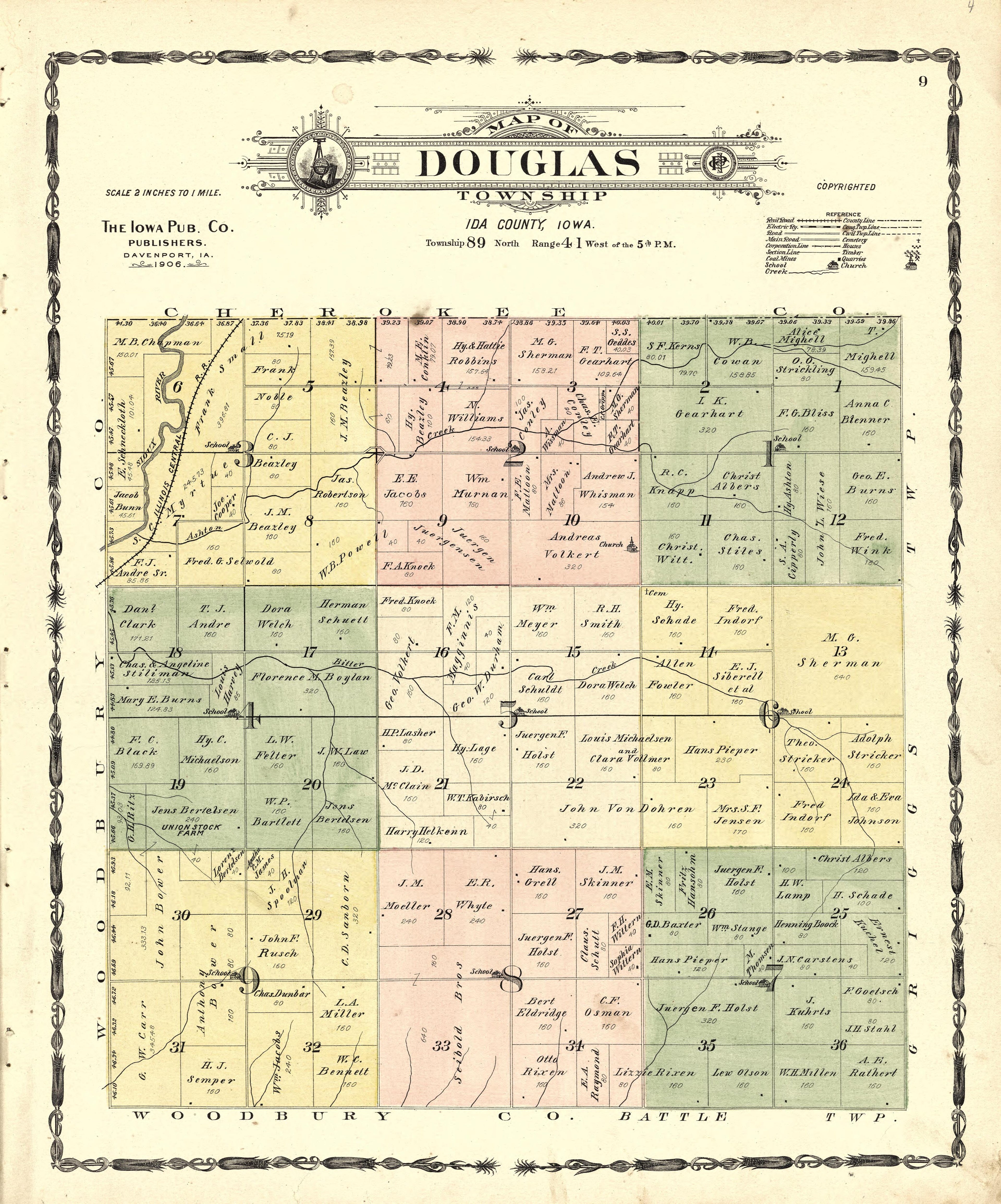 Map of Douglas Township from Atlas of Ida County, Iowa : Containing Maps of Villages, Cities and Townships of the County, Maps of State, United States and World, Farmers Directory, Business Directory, General Information 1906 by Relic Map Company