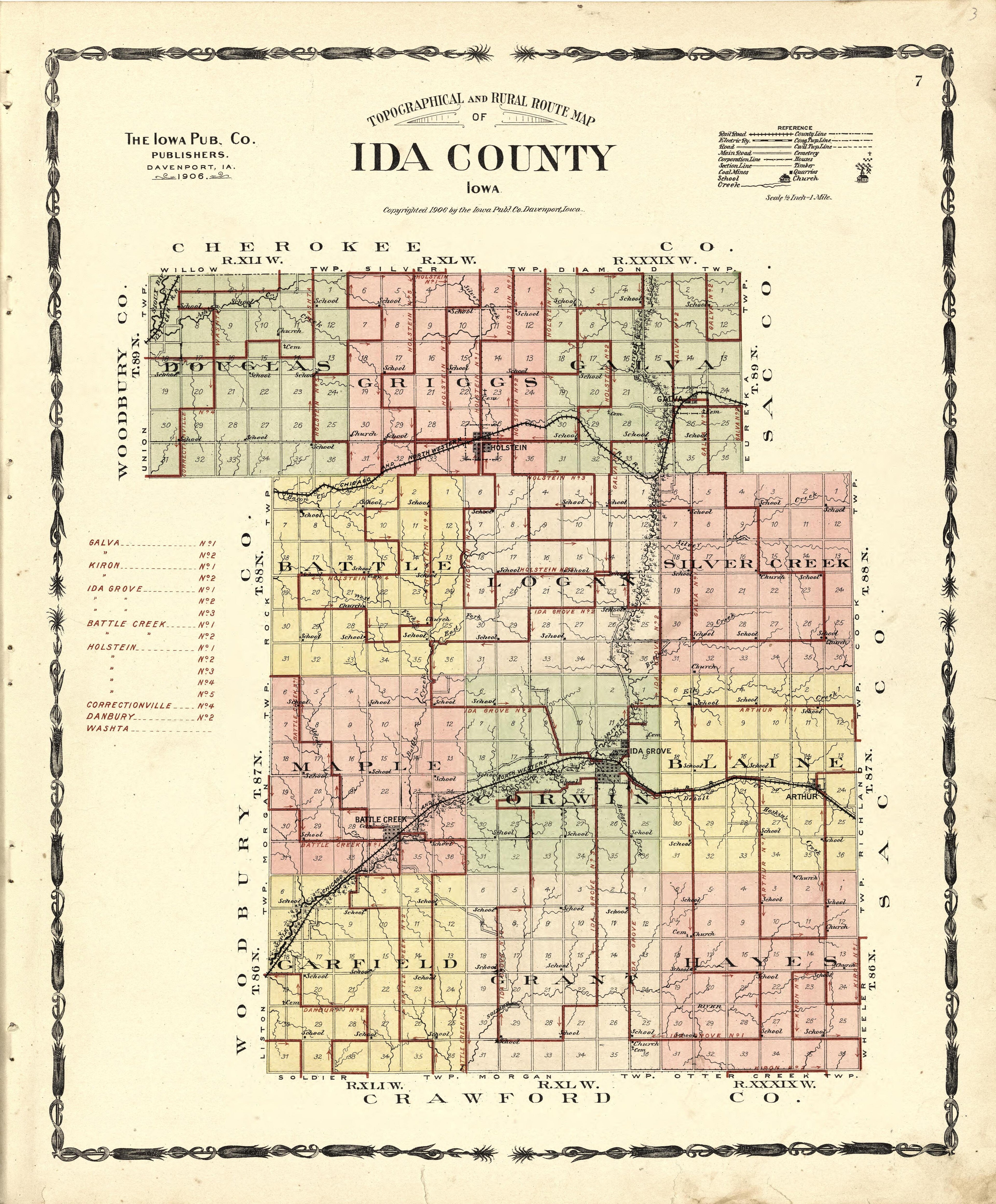 Topographical and Rural Route Map of Ida County from Atlas of Ida County, Iowa : Containing Maps of Villages, Cities and Townships of the County, Maps of State, United States and World, Farmers Directory, Business Directory, General Information 1906 by Relic Map Company