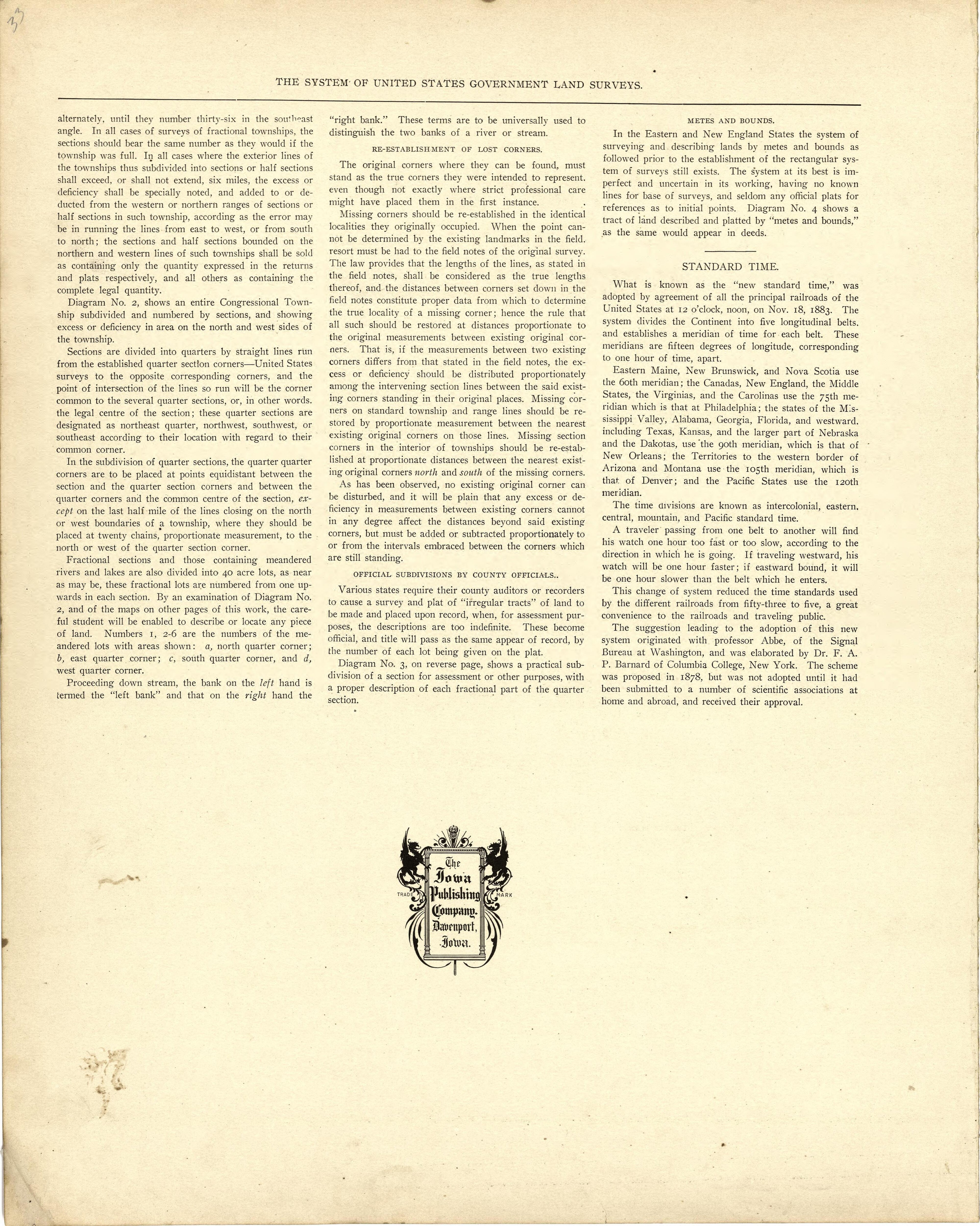 The System of United States Government Land Surveys - Continued from Atlas of Ida County, Iowa : Containing Maps of Villages, Cities and Townships of the County, Maps of State, United States and World, Farmers Directory, Business Directory, General In... by Relic Map Company