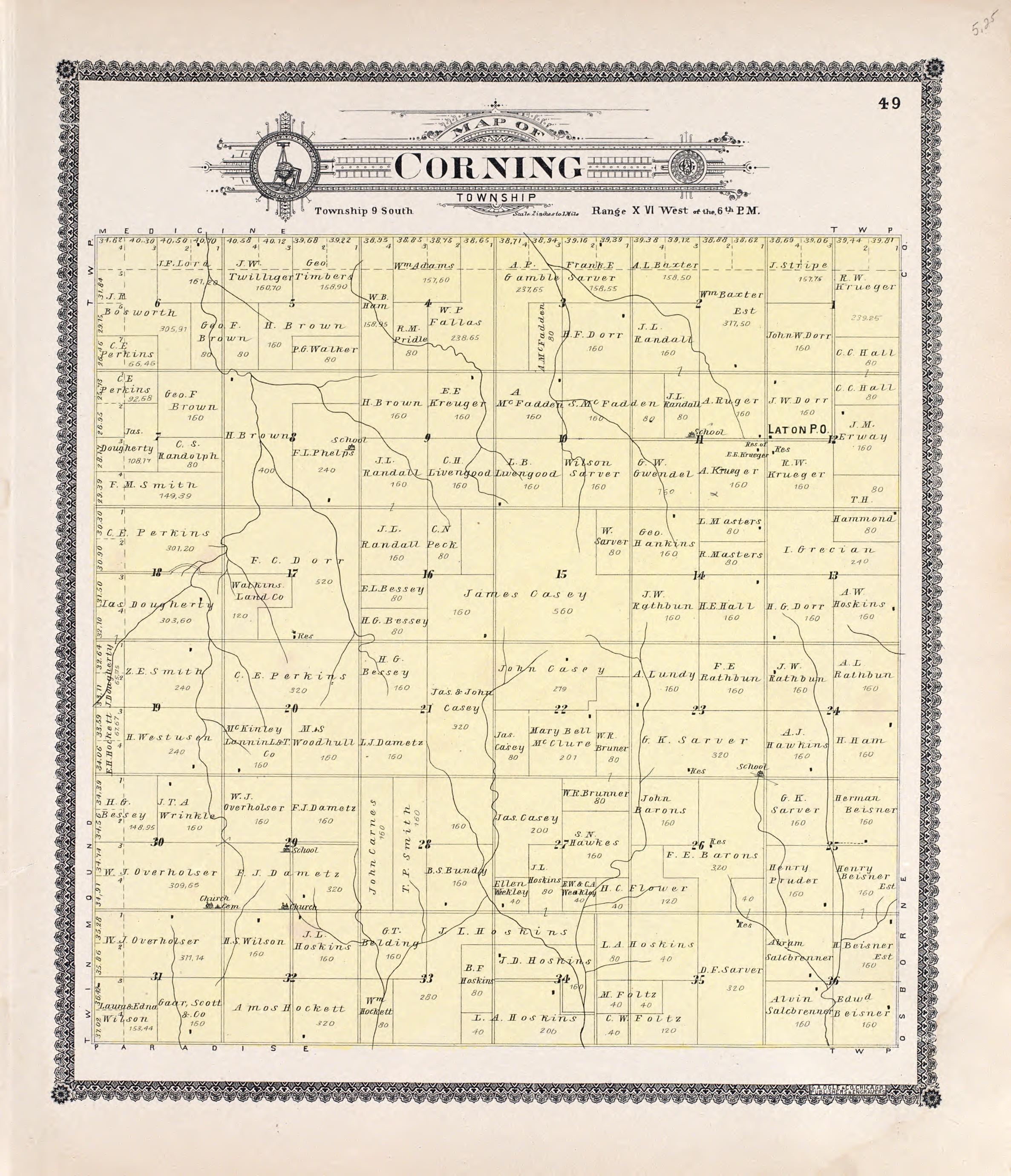 Corning from Standard Atlas of Rooks County, Kansas : Including a Plat Book of the Villages, Cities and Townships of the County, Map of the State, United States and World, Patrons Directory, Reference Business … 1904 by Relic Map Company