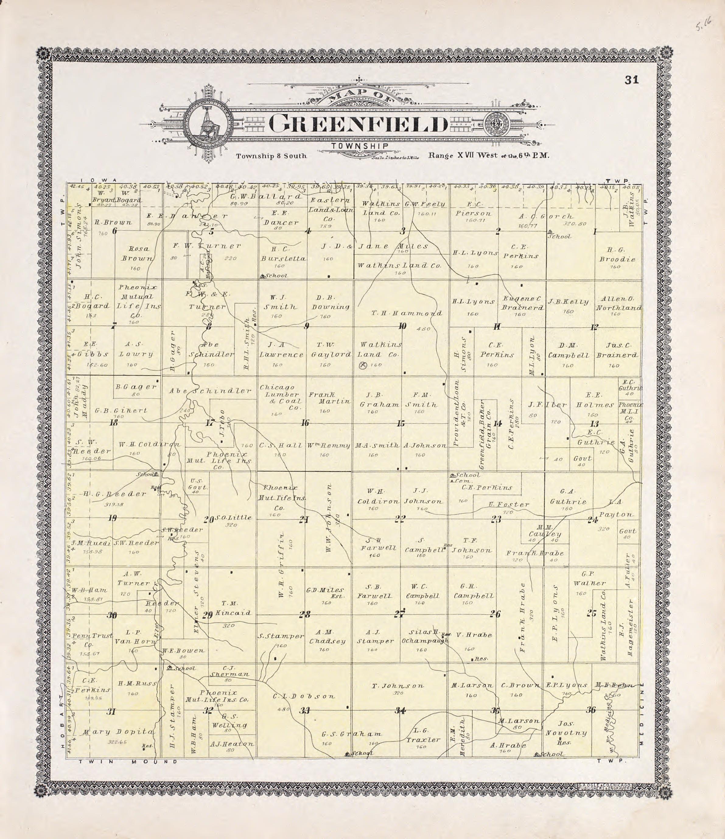 Greenfield from Standard Atlas of Rooks County, Kansas : Including a Plat Book of the Villages, Cities and Townships of the County, Map of the State, United States and World, Patrons Directory, Reference Business … 1904 by Relic Map Company