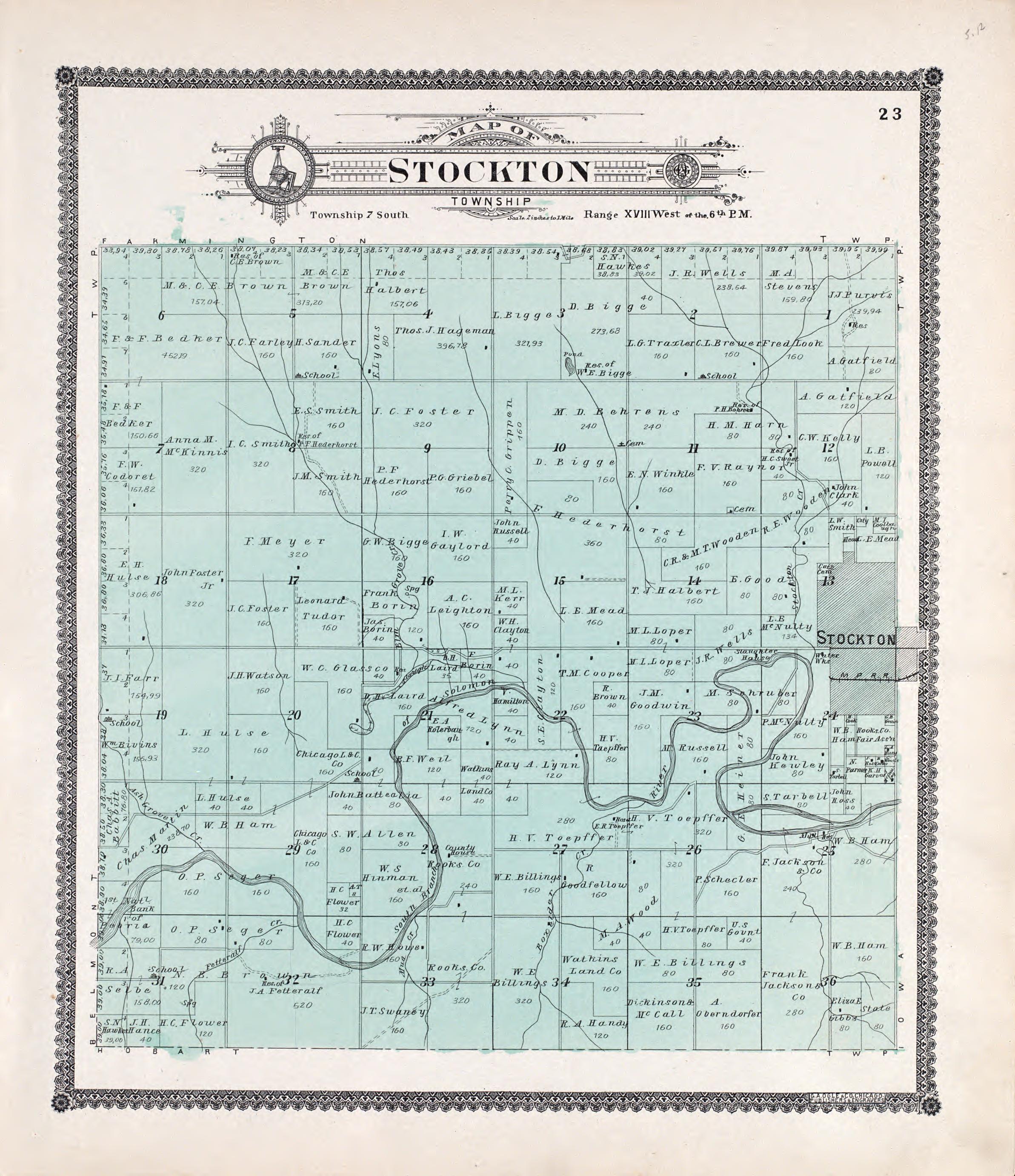 Stockton from Standard Atlas of Rooks County, Kansas : Including a Plat Book of the Villages, Cities and Townships of the County, Map of the State, United States and World, Patrons Directory, Reference Business … 1904 by Relic Map Company