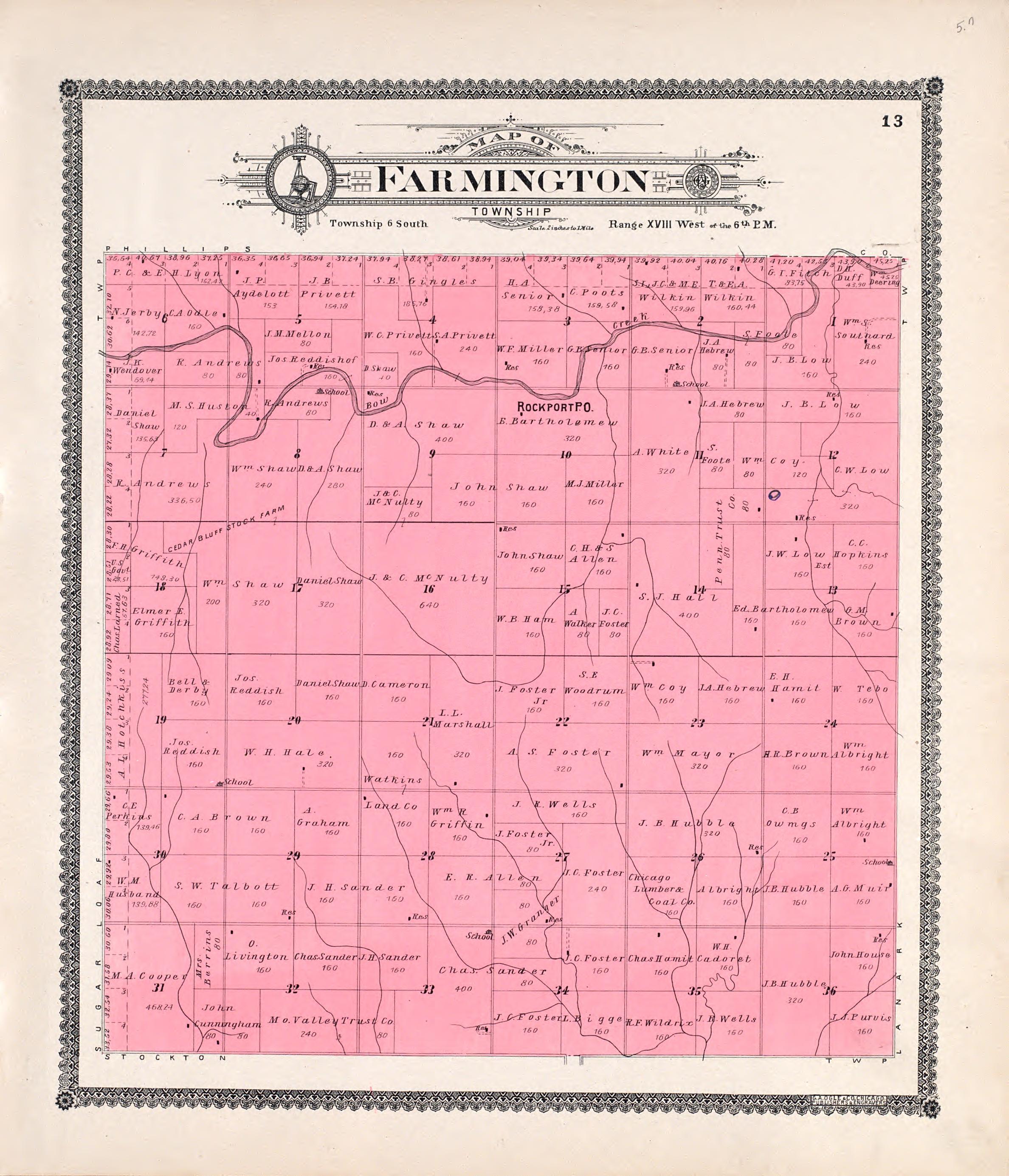 Farmington from Standard Atlas of Rooks County, Kansas : Including a Plat Book of the Villages, Cities and Townships of the County, Map of the State, United States and World, Patrons Directory, Reference Business … 1904 by Relic Map Company