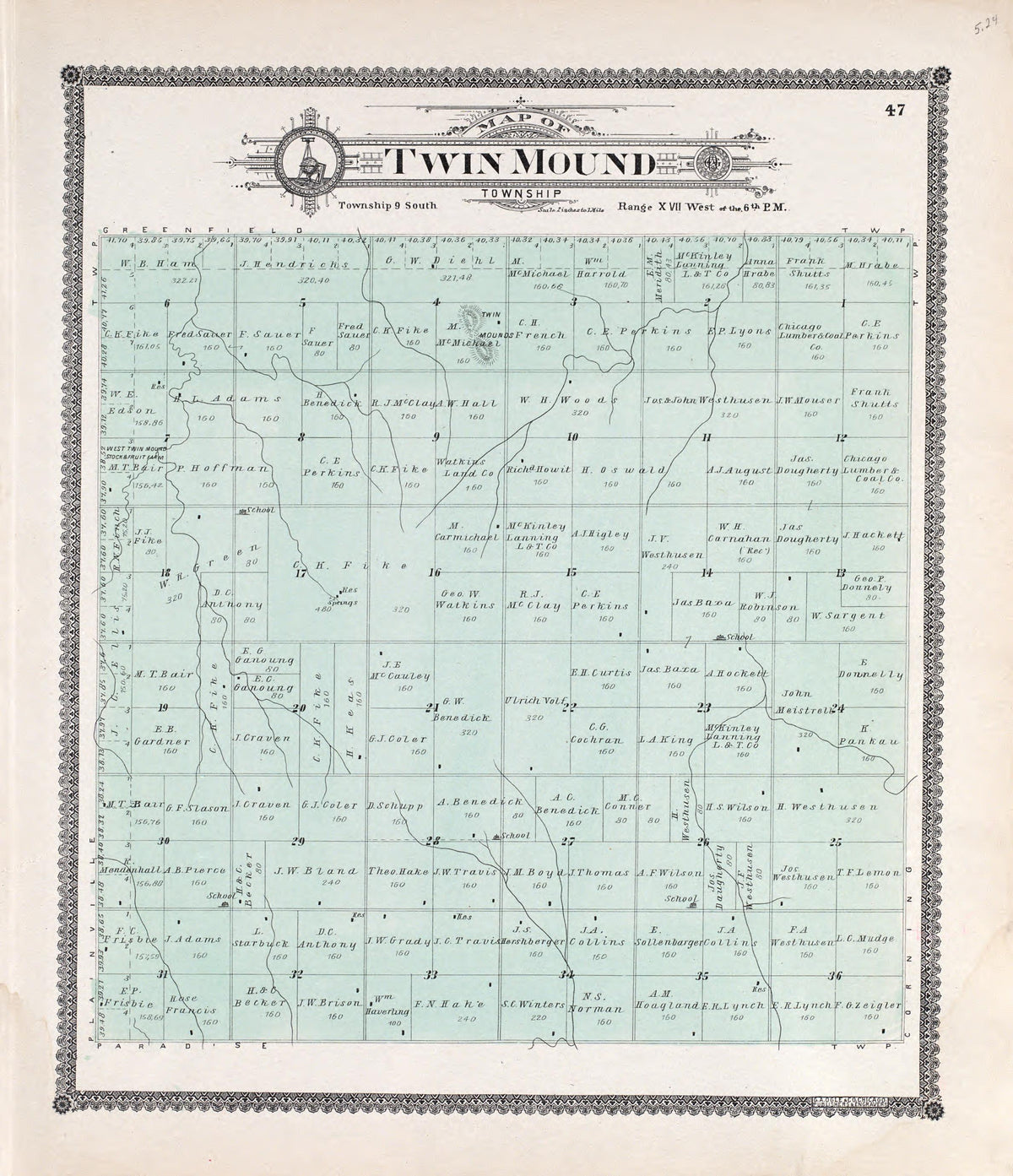 Twin Mound from Standard Atlas of Rooks County, Kansas : Including a Plat Book of the Villages, Cities and Townships of the County, Map of the State, United States and World, Patrons Directory, Reference Business … 1904 by Relic Map Company
