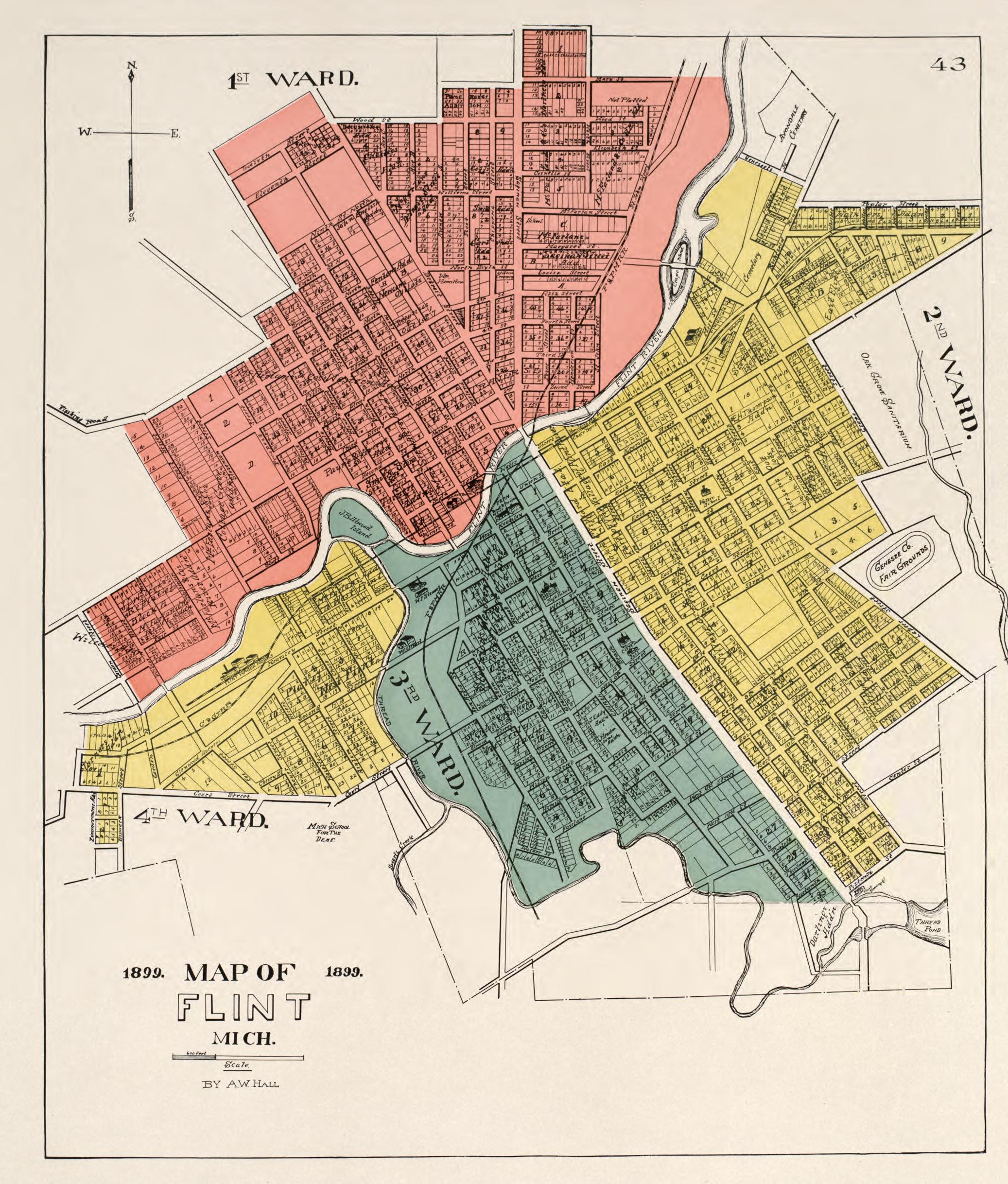 Map of Flint/ 1st and 2nd Ward from Atlas of Genesee County, Michigan : Containing Maps of Every Township In the County, With Village and City Plats, Also Maps of Michigan and the United States, from Official Records 1899 by Relic Map Company
