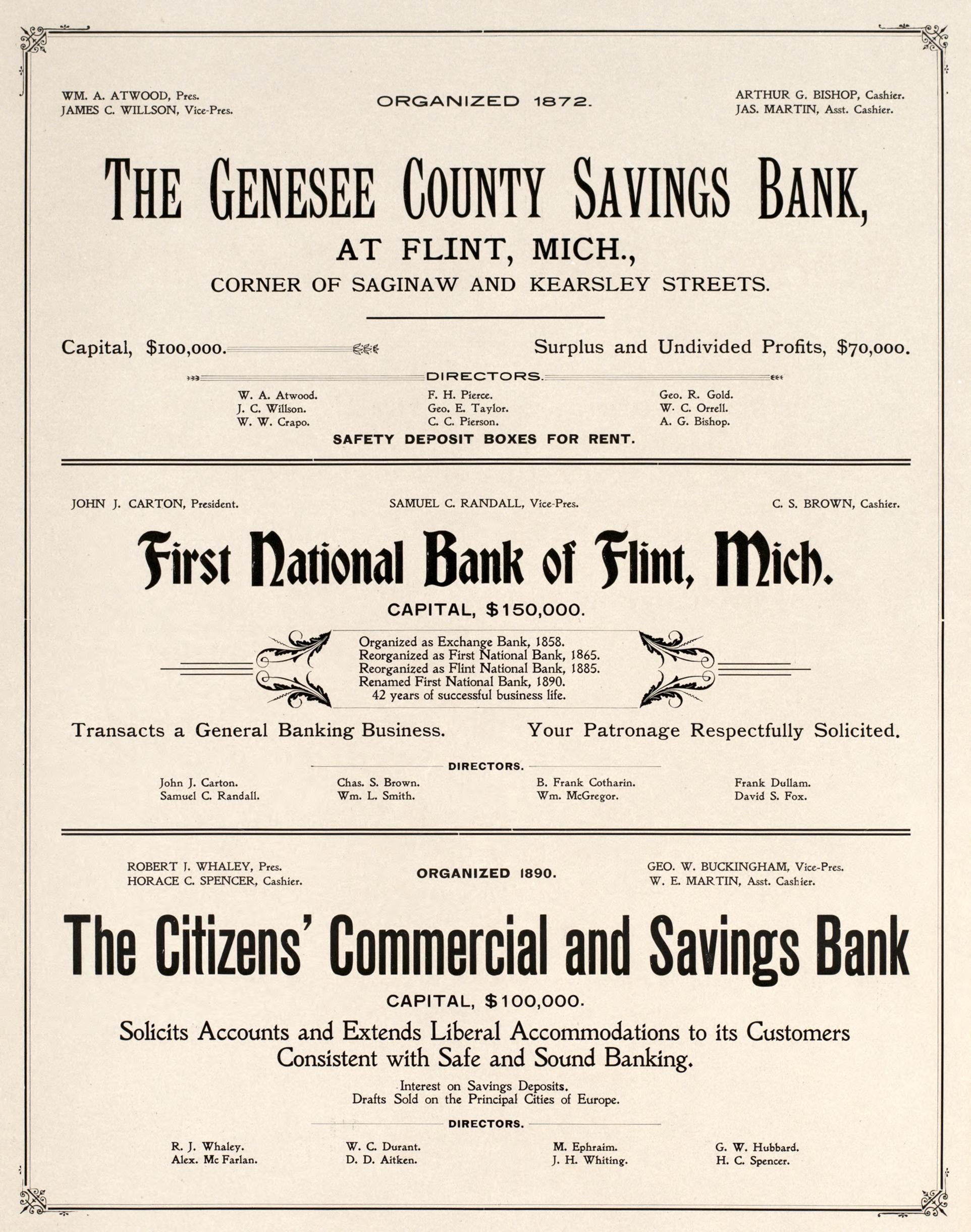 Genesee County Bank/ First National Bank from Atlas of Genesee County, Michigan : Containing Maps of Every Township In the County, With Village and City Plats, Also Maps of Michigan and the United States, from Official Records 1899 by Relic Map Company