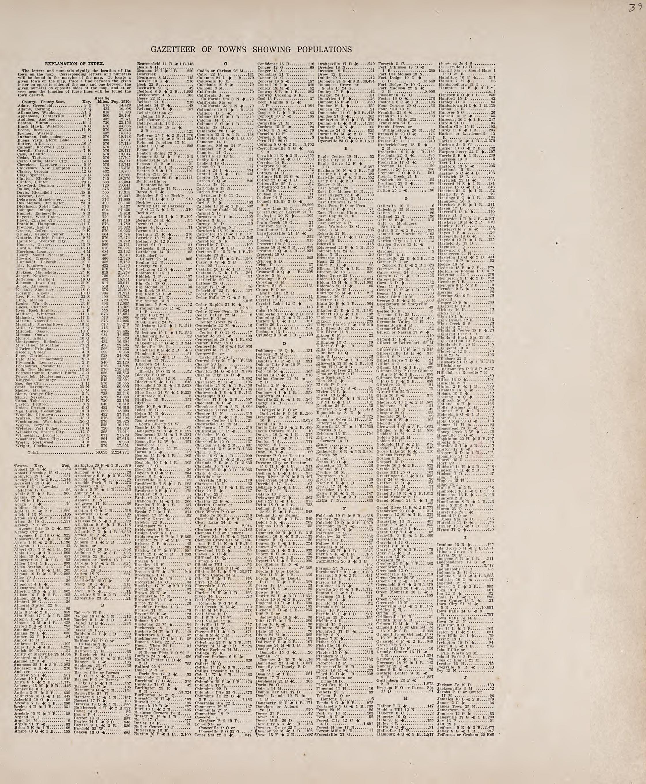 Gazetteer of Towns Showing Populations from Atlas of Allamakee County, Iowa : Containing Maps of Townships of the County, Maps of State, United States and World, Farmers Directory, Analysis of the System of U.S. Land Surveys 1917 by Relic Map Company