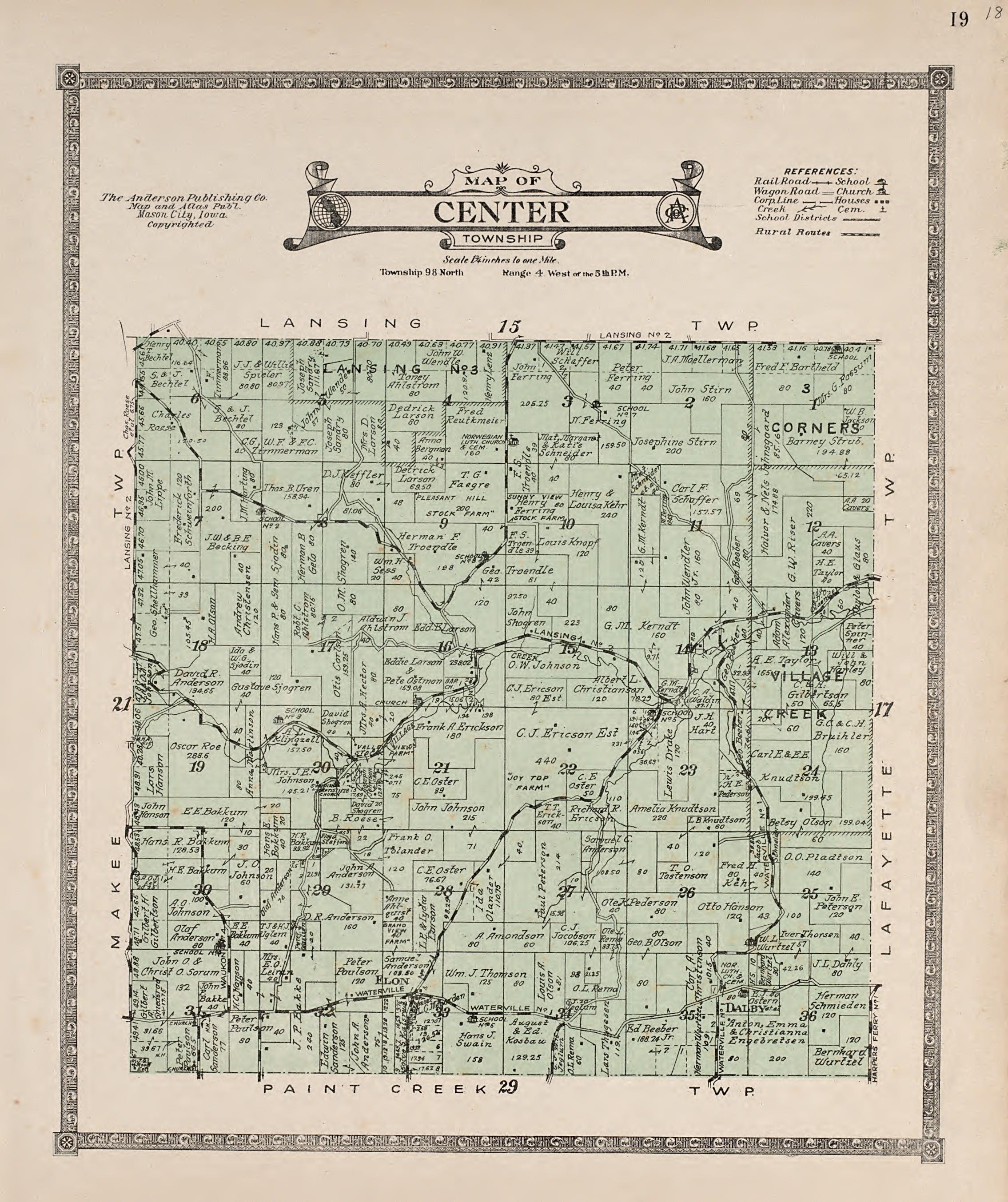 Center Township from Atlas of Allamakee County, Iowa : Containing Maps of Townships of the County, Maps of State, United States and World, Farmers Directory, Analysis of the System of U.S. Land Surveys 1917 by Relic Map Company