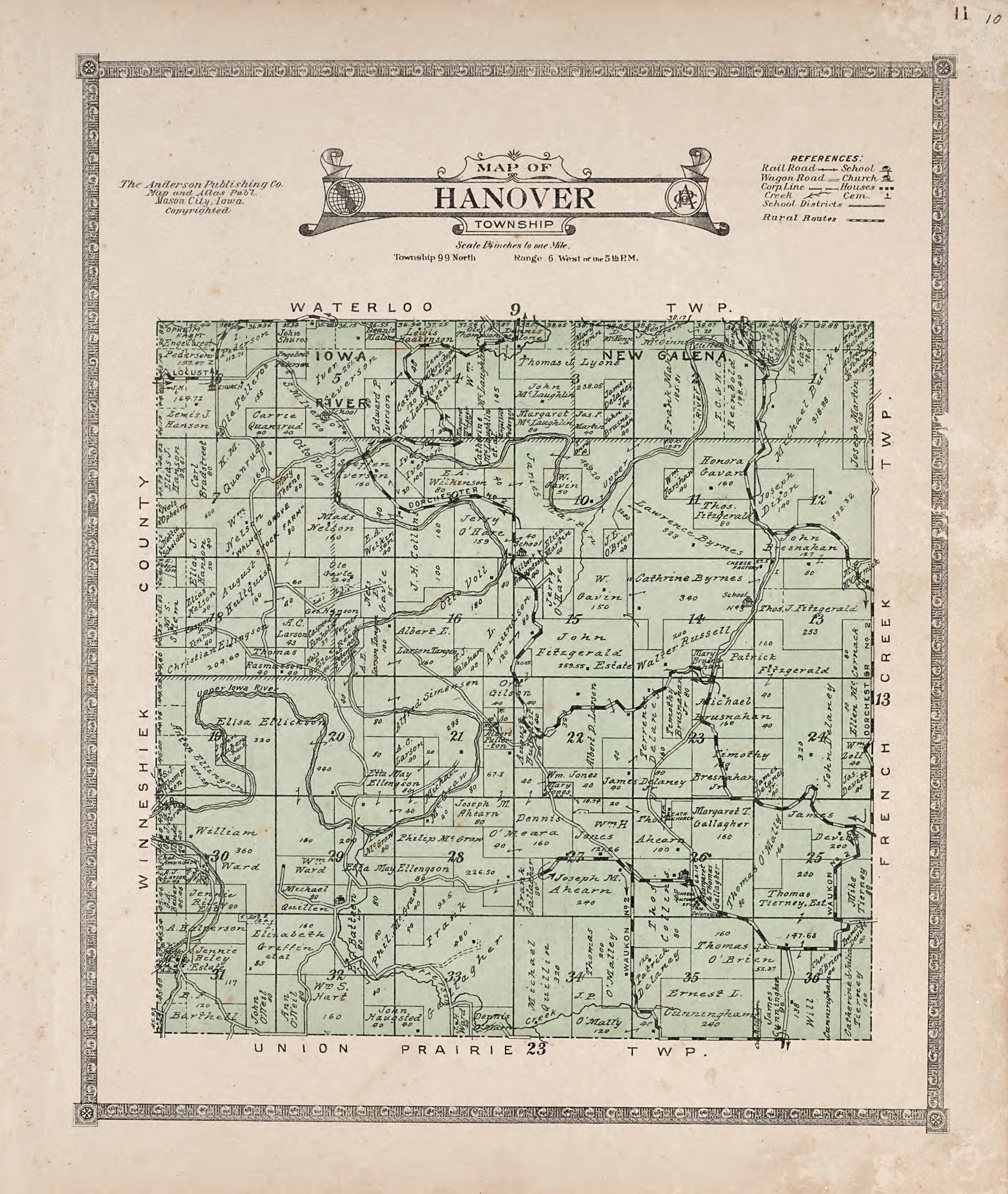 Hanover Township from Atlas of Allamakee County, Iowa : Containing Maps of Townships of the County, Maps of State, United States and World, Farmers Directory, Analysis of the System of U.S. Land Surveys 1917 by Relic Map Company