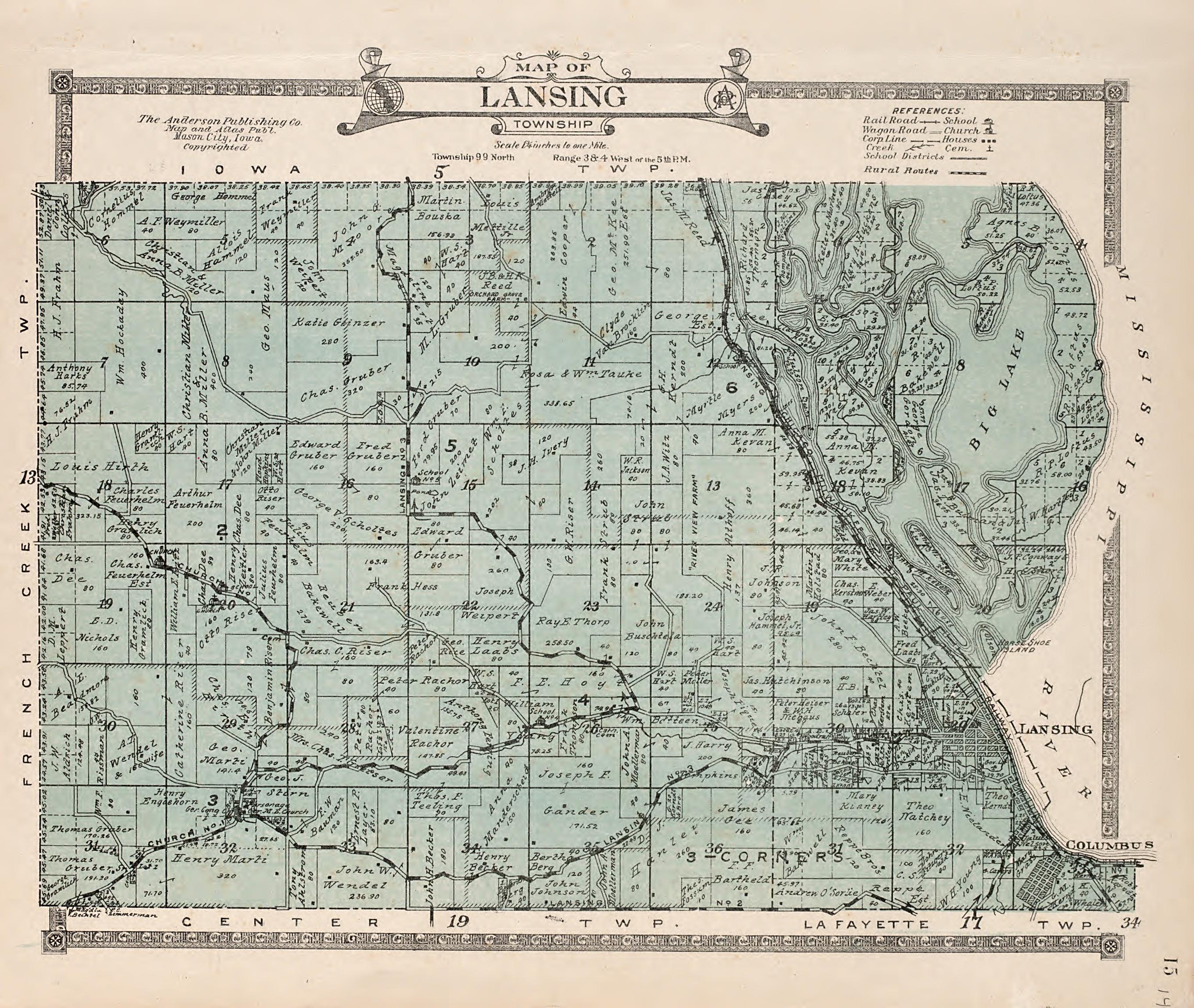 Lansing Township from Atlas of Allamakee County, Iowa : Containing Maps of Townships of the County, Maps of State, United States and World, Farmers Directory, Analysis of the System of U.S. Land Surveys 1917 by Relic Map Company