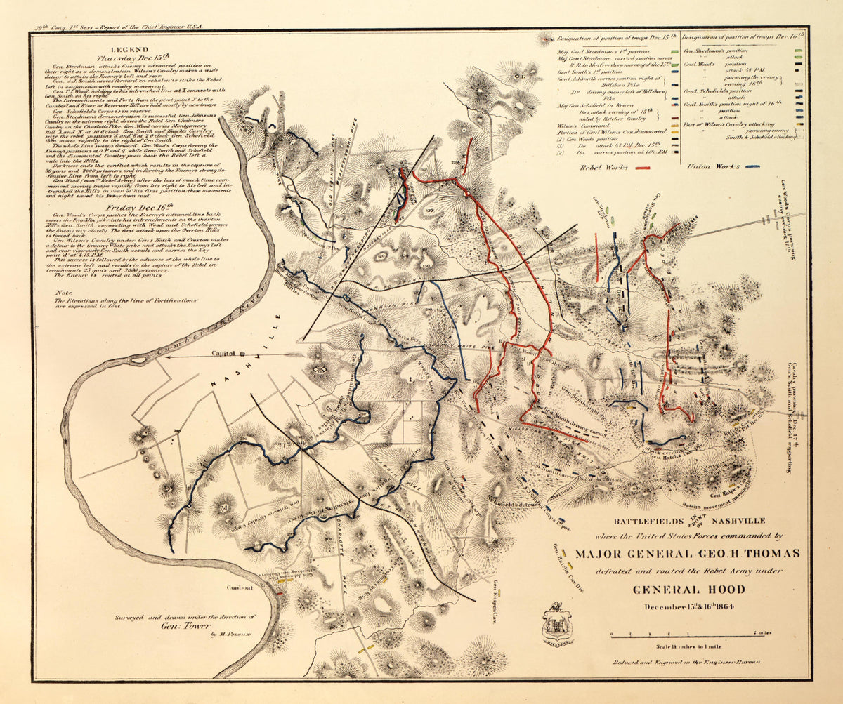 Battlefields In Nashville,Tenn., Commanded by Maj. Gen. Geo. H. Thomas,1864 from Military Maps of the United States 1883 by Relic Map Company