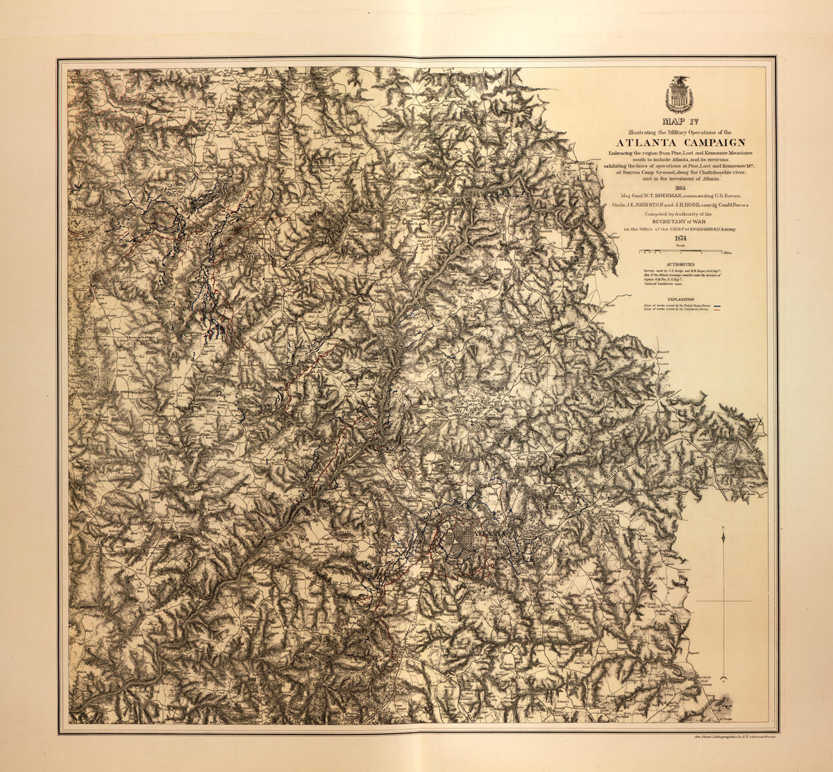 Map of Atlanta Campaign,from Pine,Lost,and Kennesaw Mts.;Smyrna Camp Grnd.,1864 from Military Maps of the United States 1883 by Relic Map Company