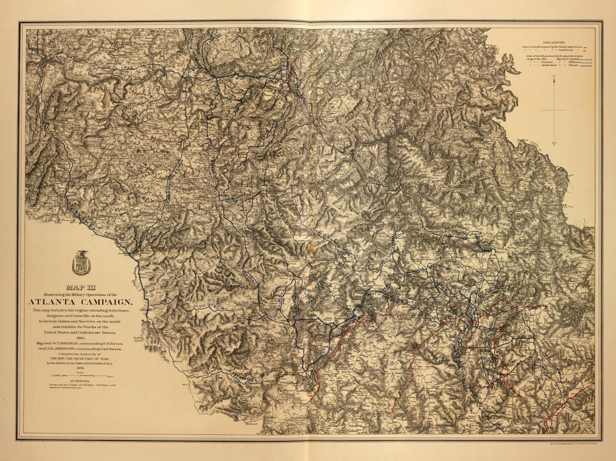 Map of Atlanta Campaign, from Rome, Kingston, and Cassville; Dallas and Marietta from Military Maps of the United States 1883 by Relic Map Company