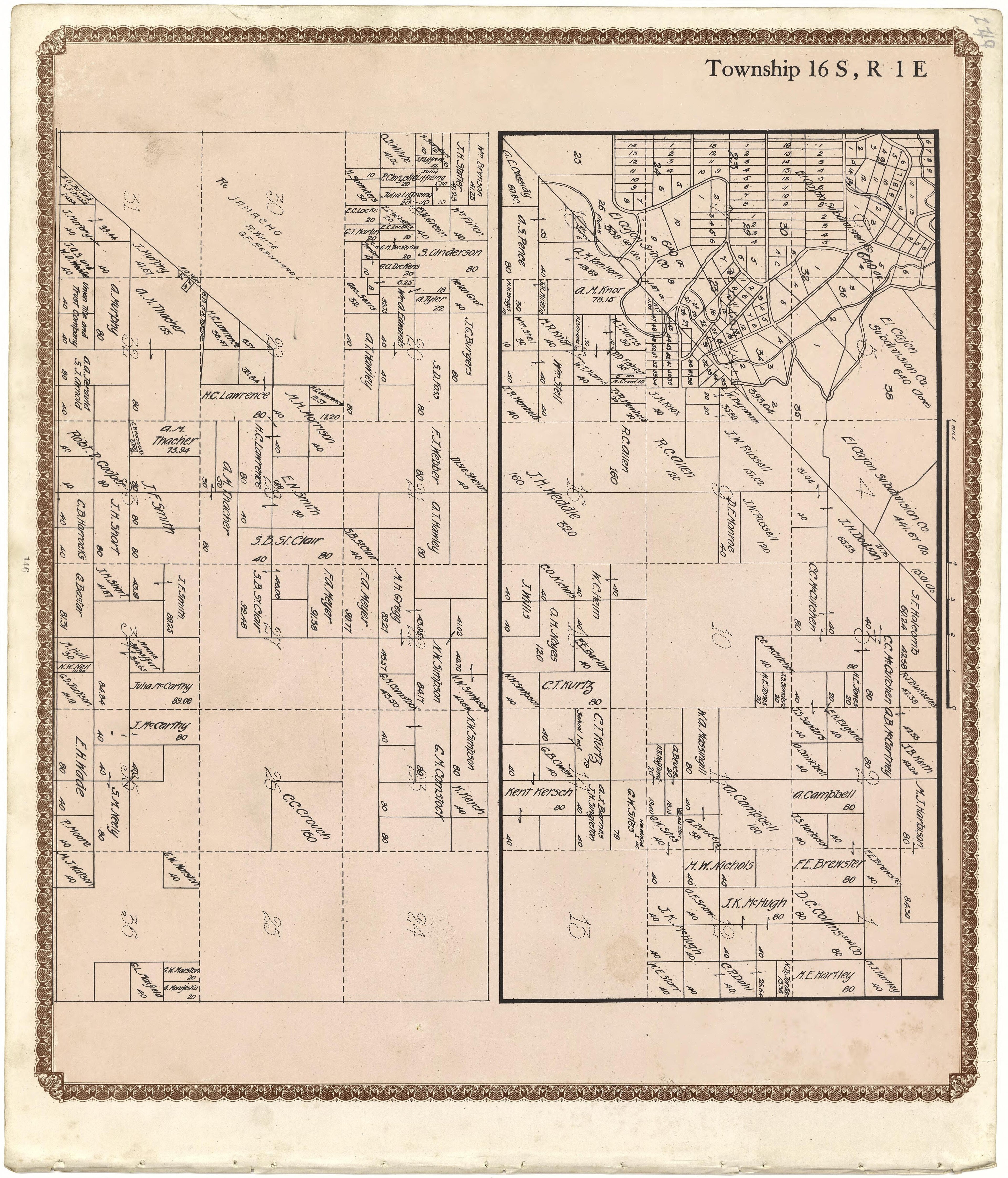 Township 16 S., R. 1 E from Plat Book of San Diego County, California 1912 by Relic Map Company