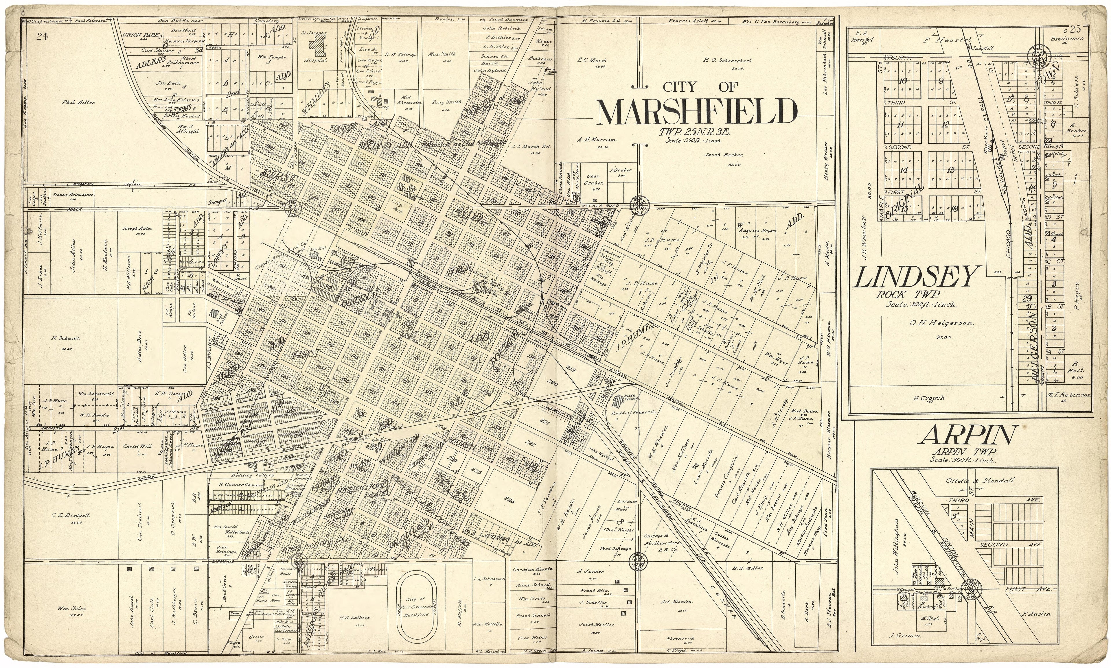 City of Marshfield; Lindsey; Arpin from Standard Atlas of Wood County, Wisconsin : Including a Plat Book of the Villages, Cities and Townships of the County, Map of the State, United States and World : Patrons Directory, Reference … 1909 by Relic Map Company